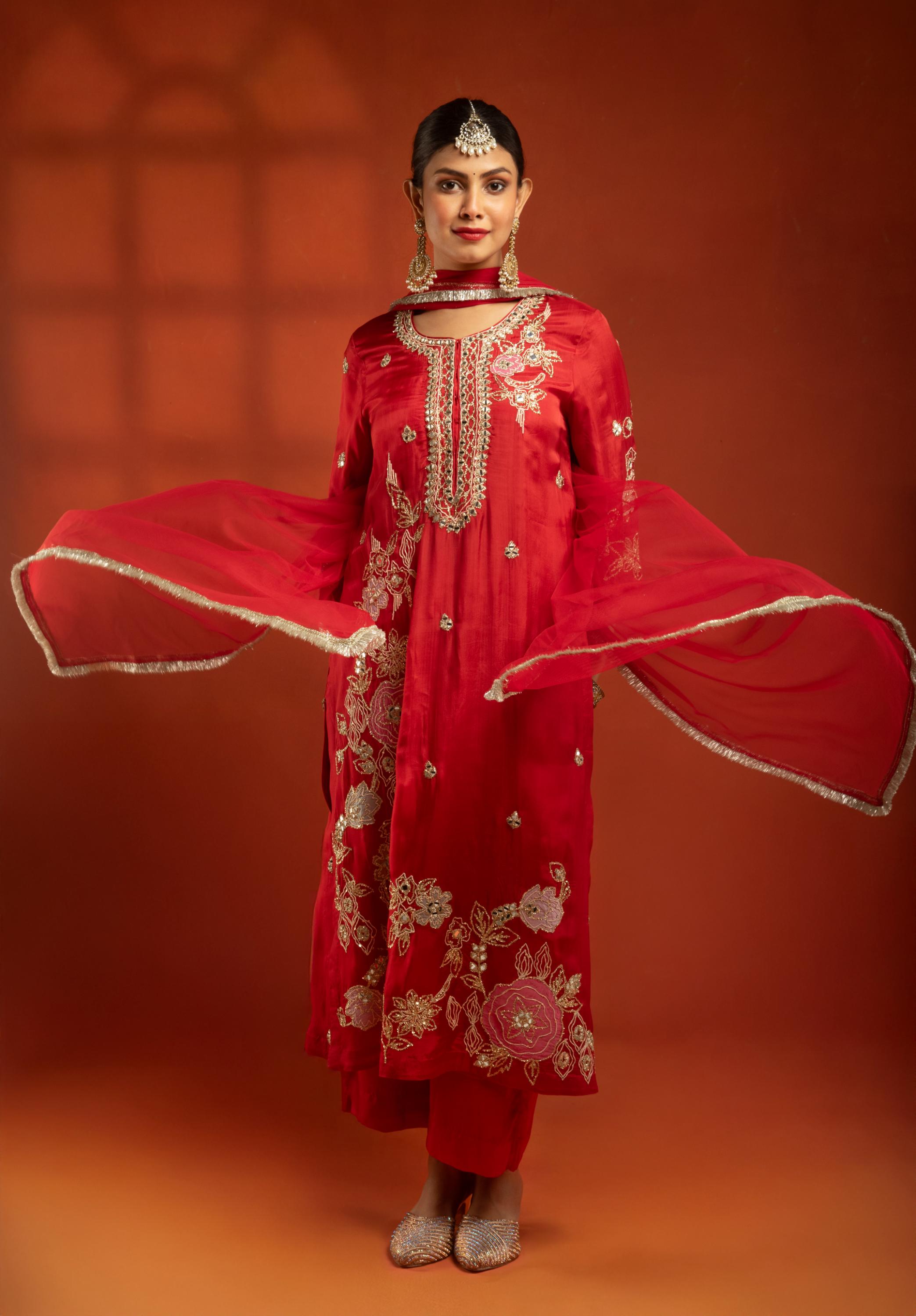 Red Embroidered Kurta with Pants & Net Dupatta
