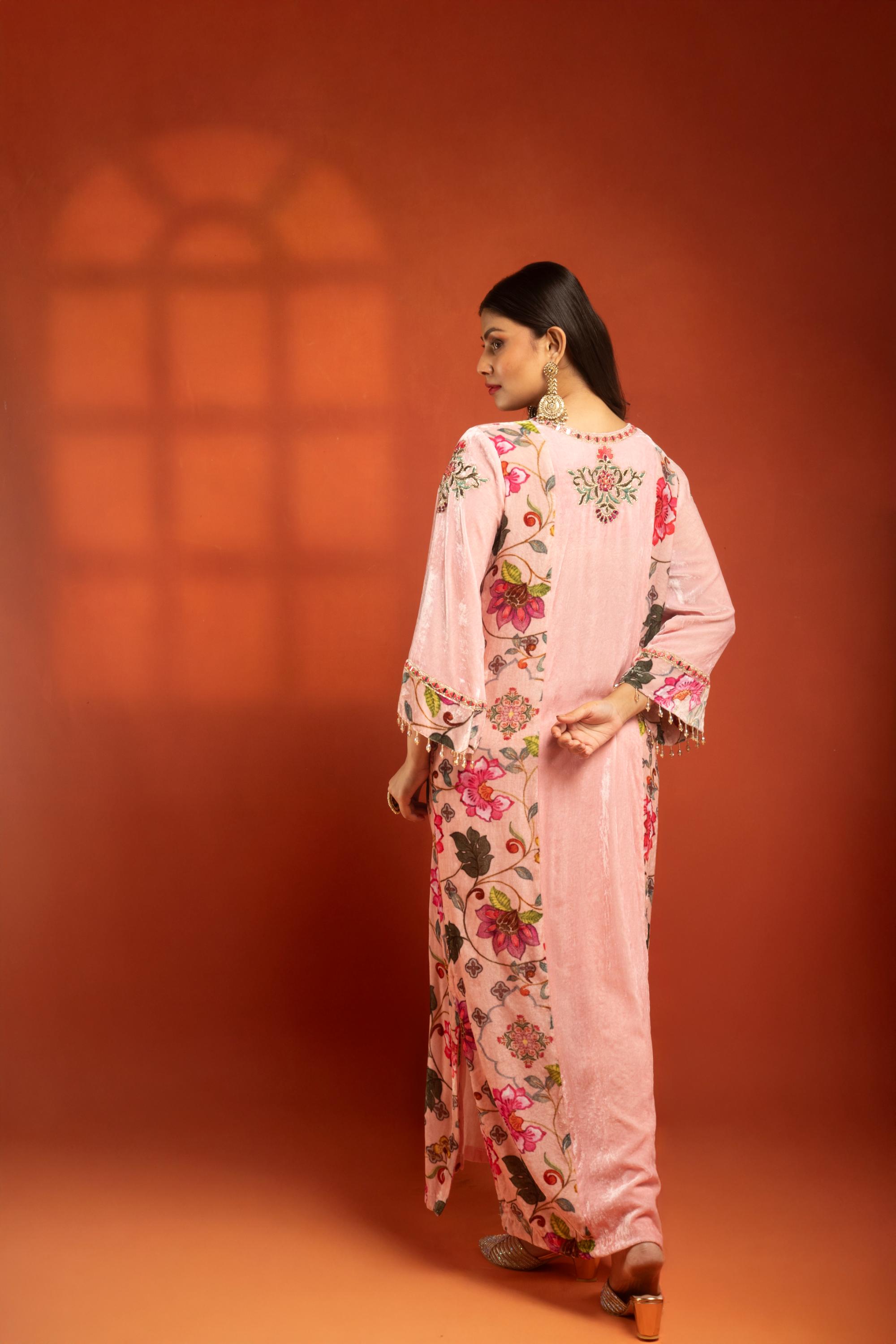 Pink Side Panel Printed Embroidered Long Kurta Dress with Churidar