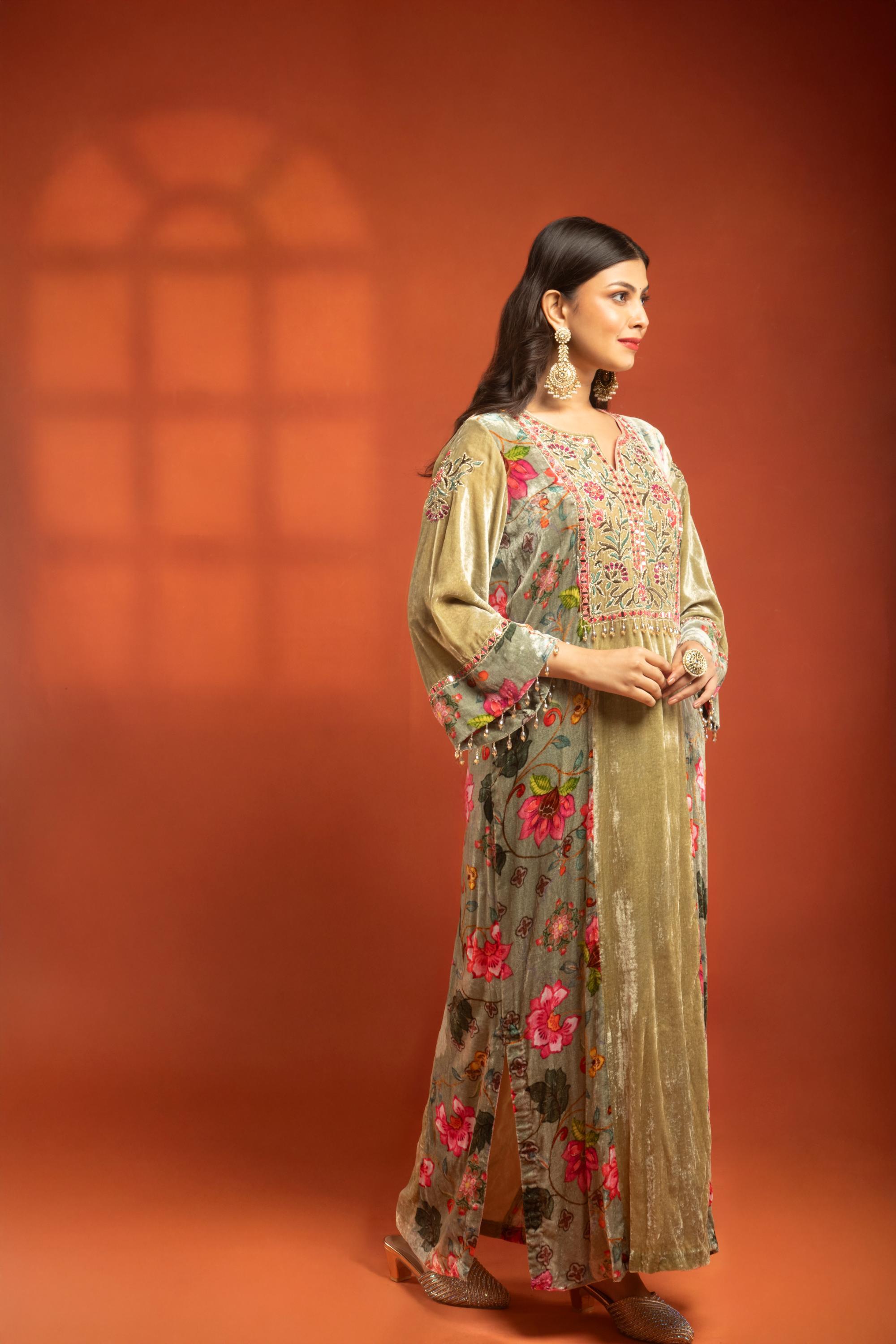 Green Side Panel Printed Embroidered Long Kurta Dress with Churidar