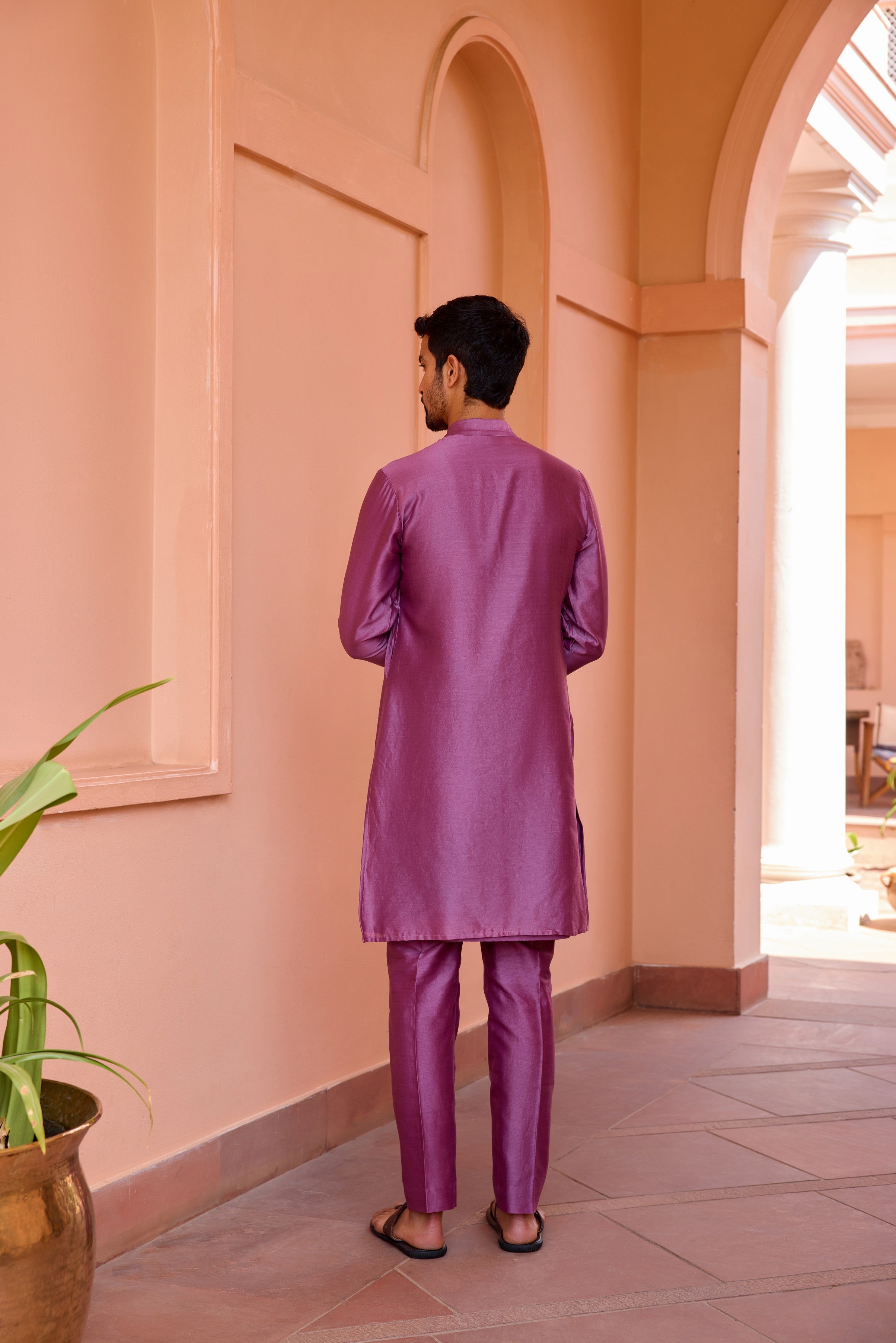 Plum earthy pink dori and hand embroidered silk kurta set