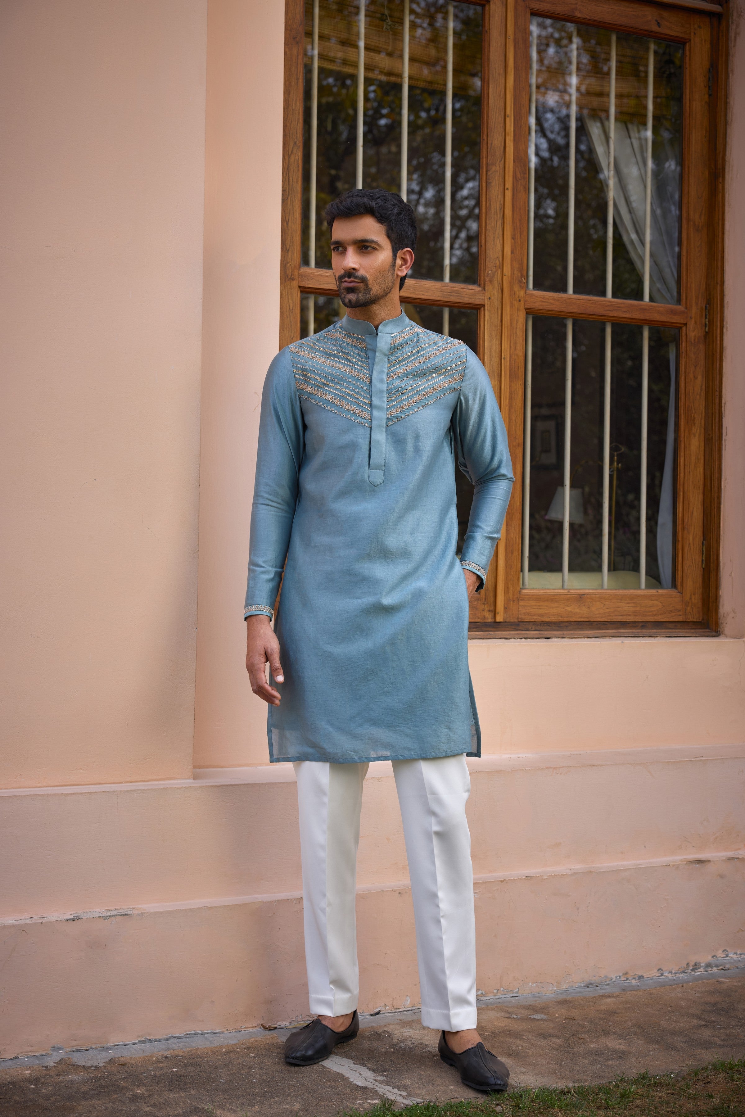 Grey dori and hand embroidered silk kurta