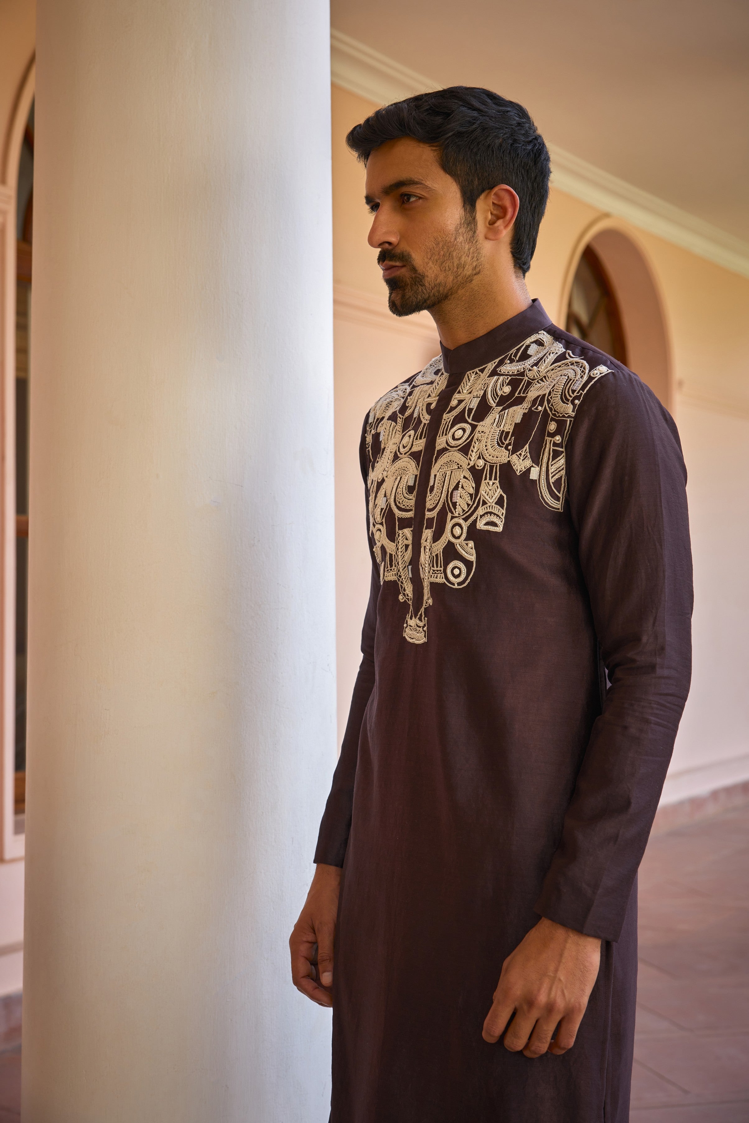 Brown dori and hand embroidered silk kurta set