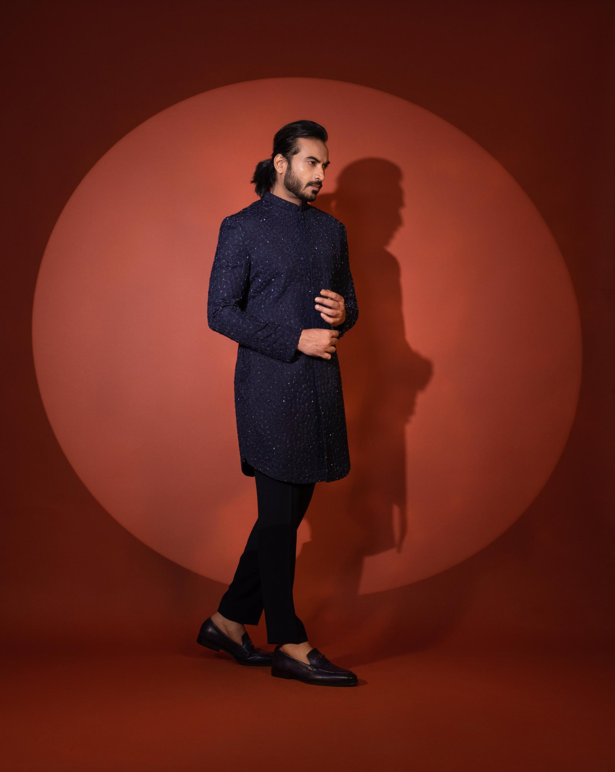 BLUE MID LENGTH ACHKAN SET