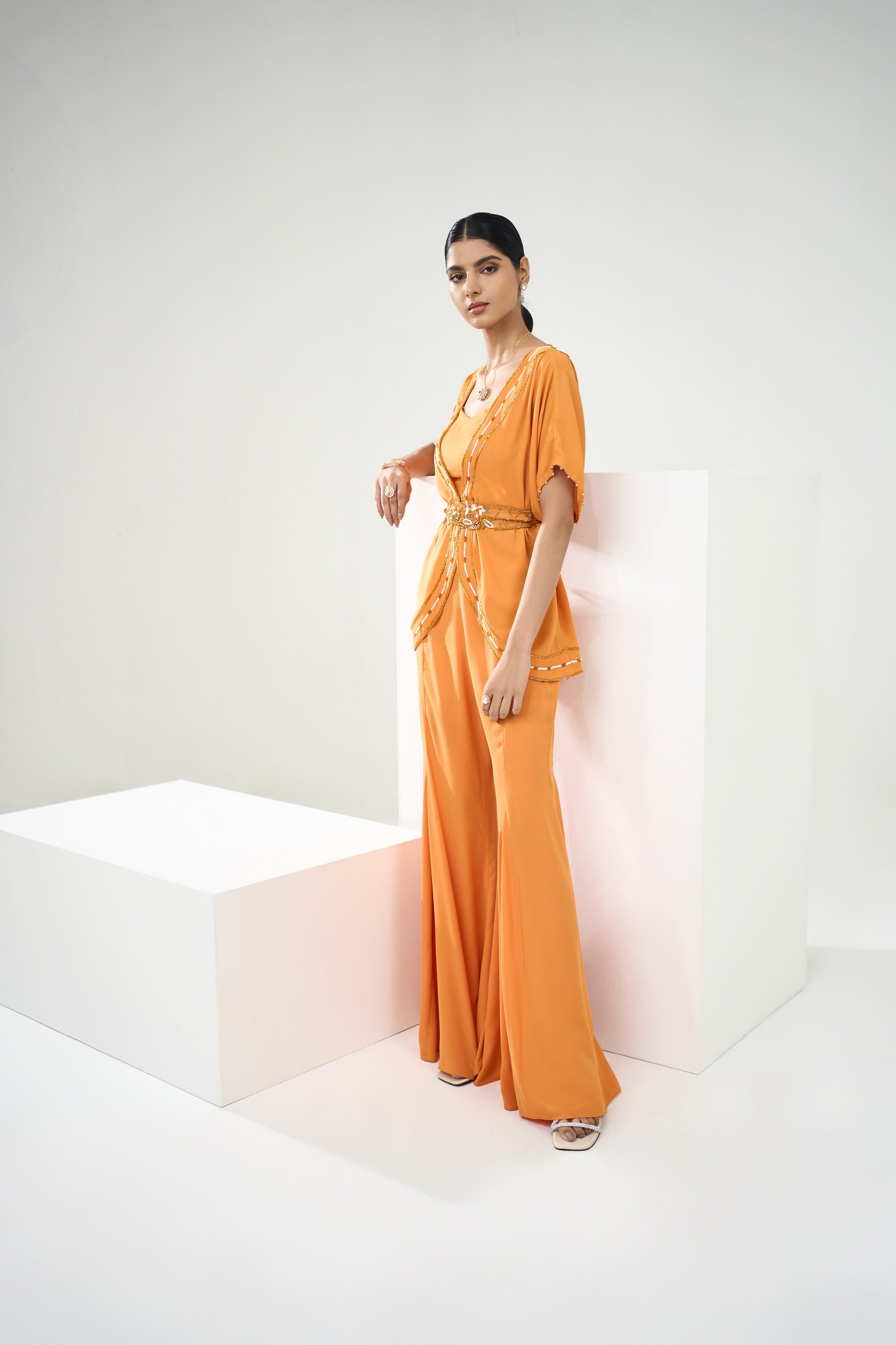 Marigold Yellow Placement embroidered  Tunic With Flared Pants