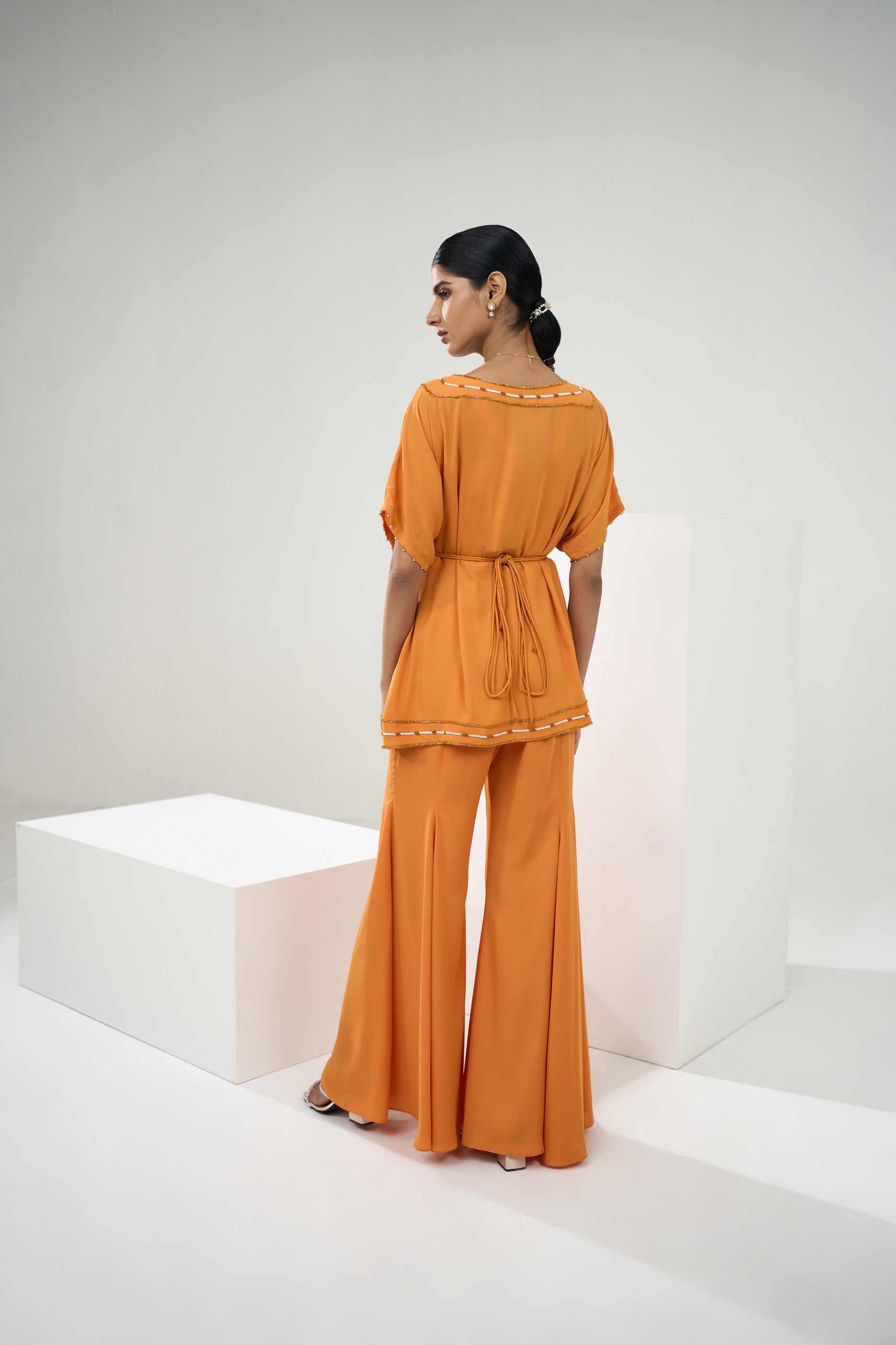 Marigold Yellow Placement embroidered  Tunic With Flared Pants