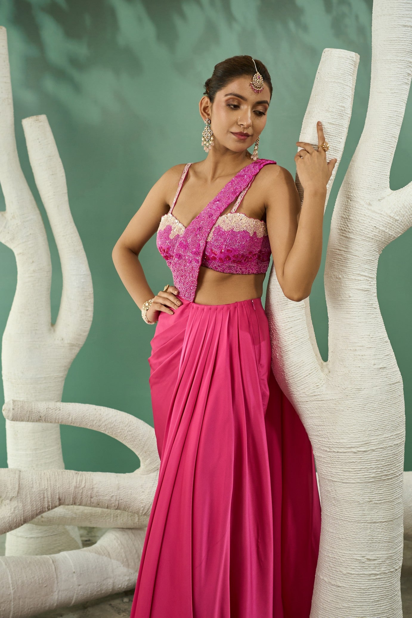 Fuschia Pink Ombre Drape Saree Set