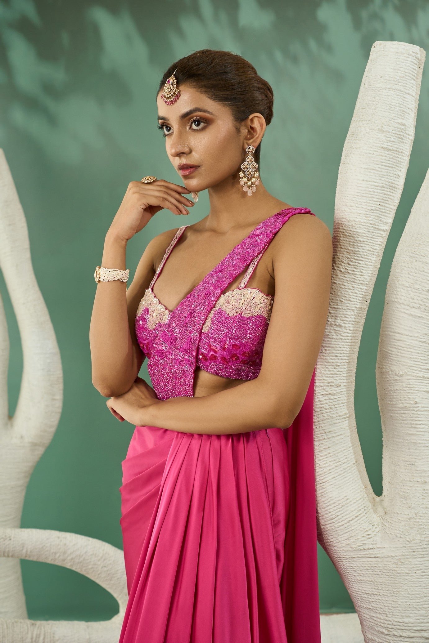 Fuschia Pink Ombre Drape Saree Set