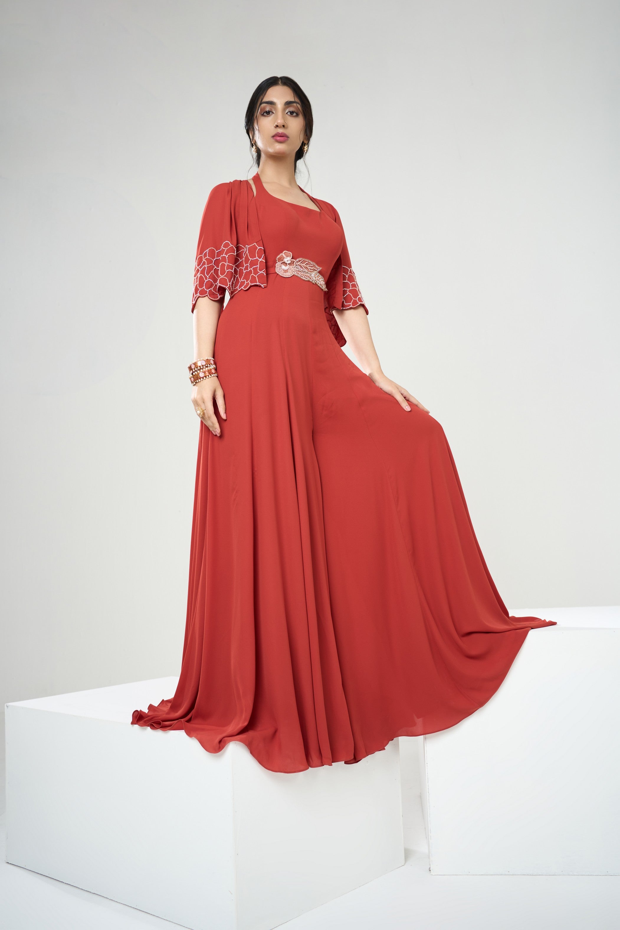 Rust Orange Jumpsuit With Short Cape