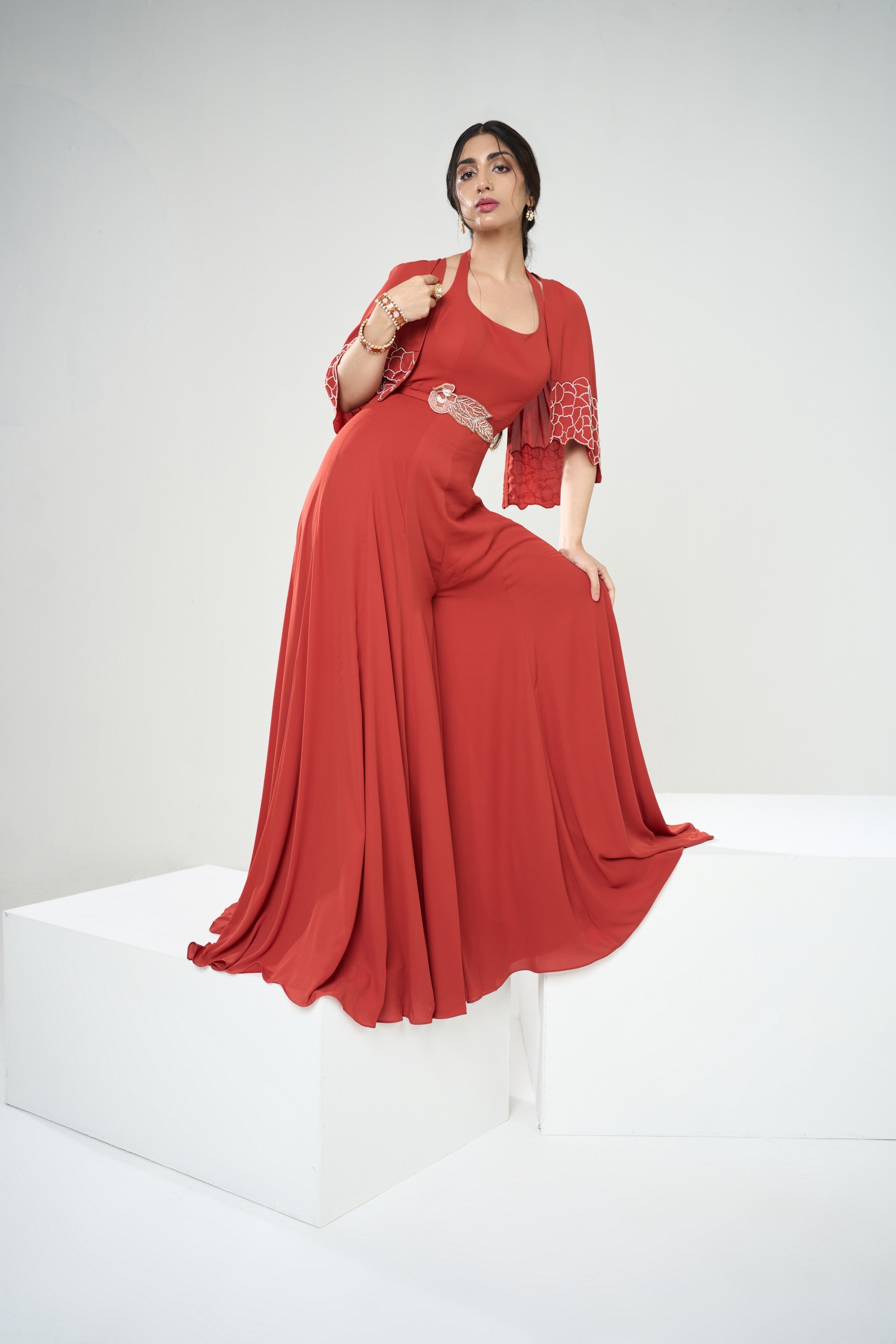 Rust Orange Jumpsuit With Short Cape