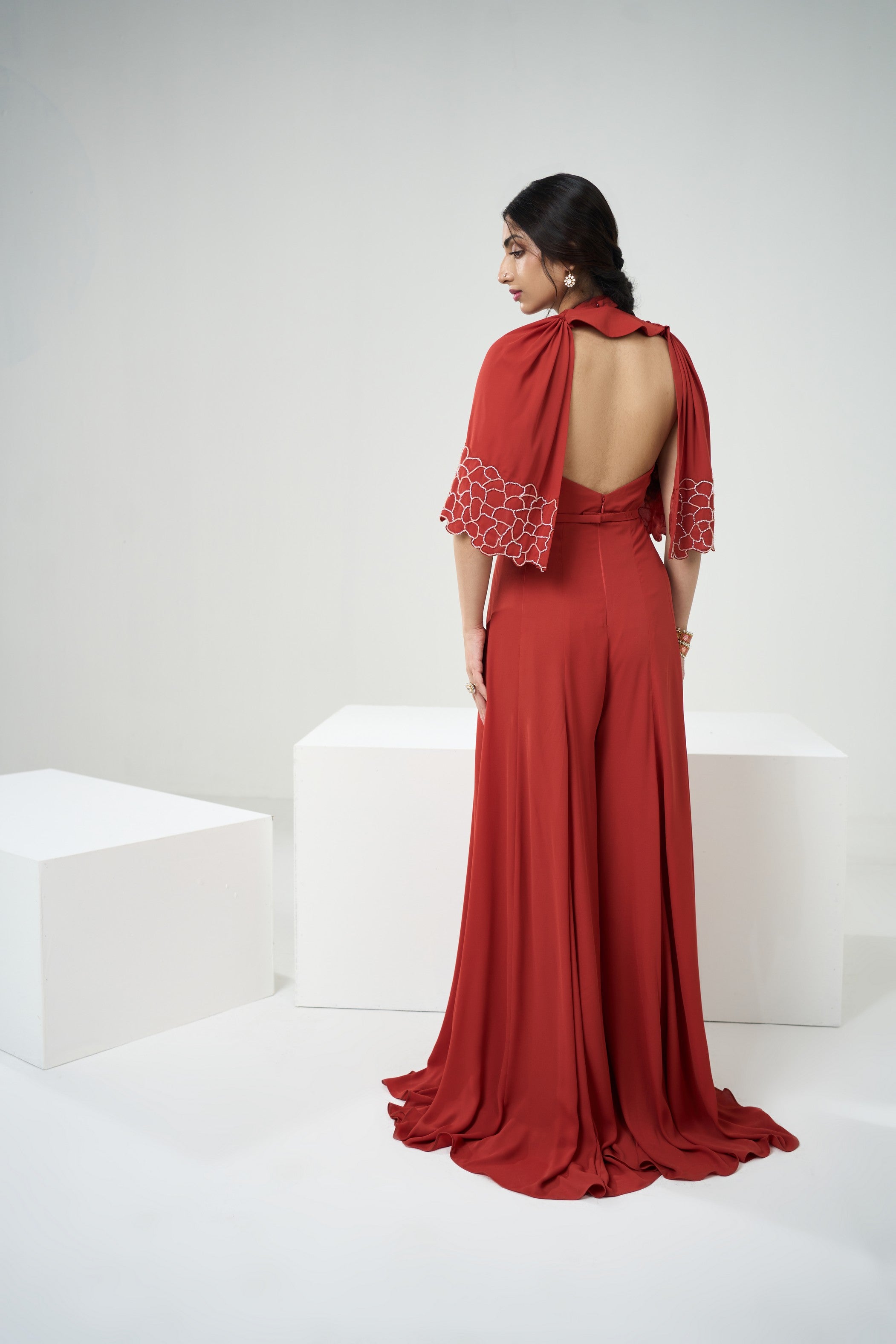 Rust Orange Jumpsuit With Short Cape