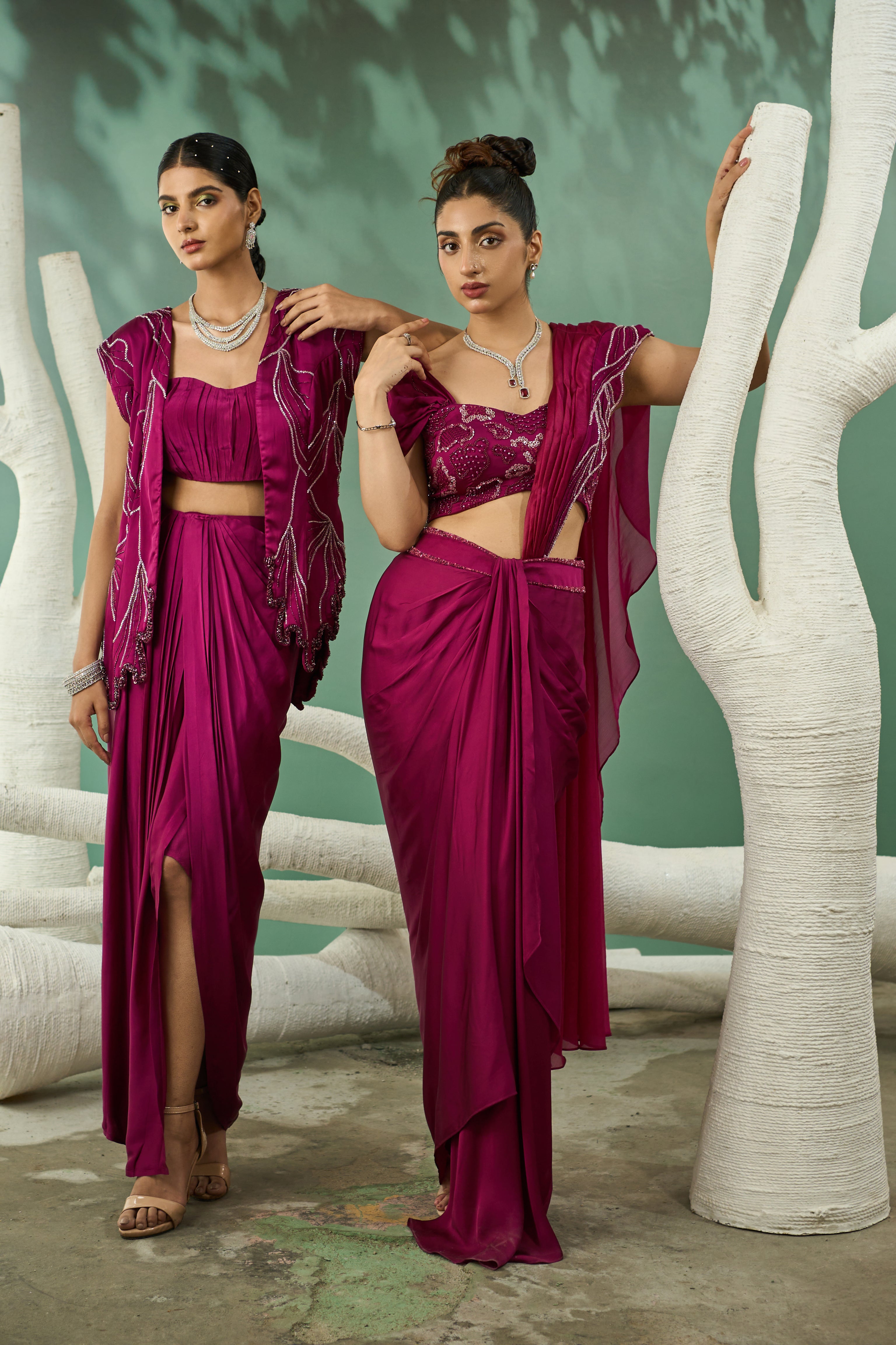 Plum Pink Drape Skirt Set With Detachable Dupatta