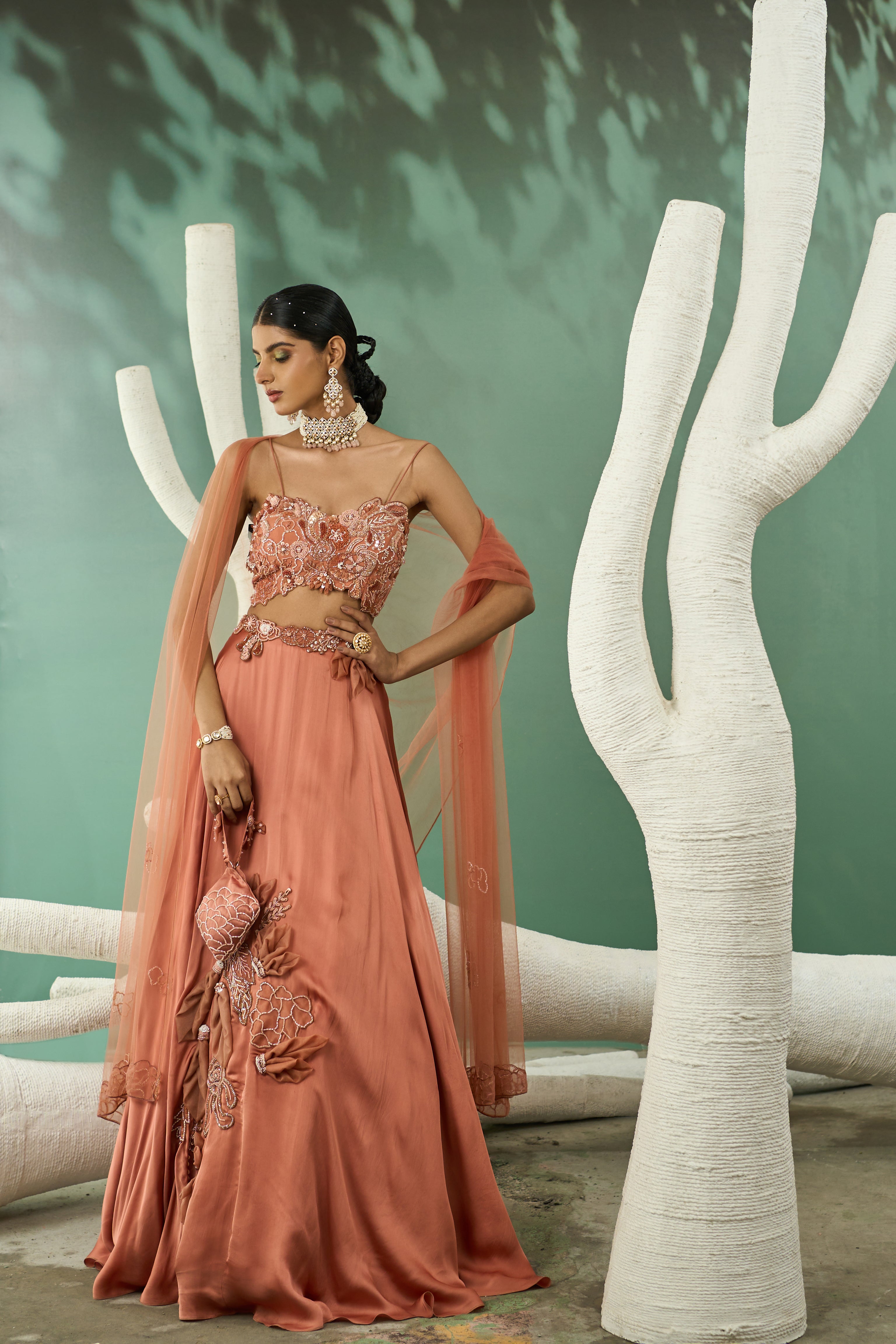 Peach Applique Lehenga Set