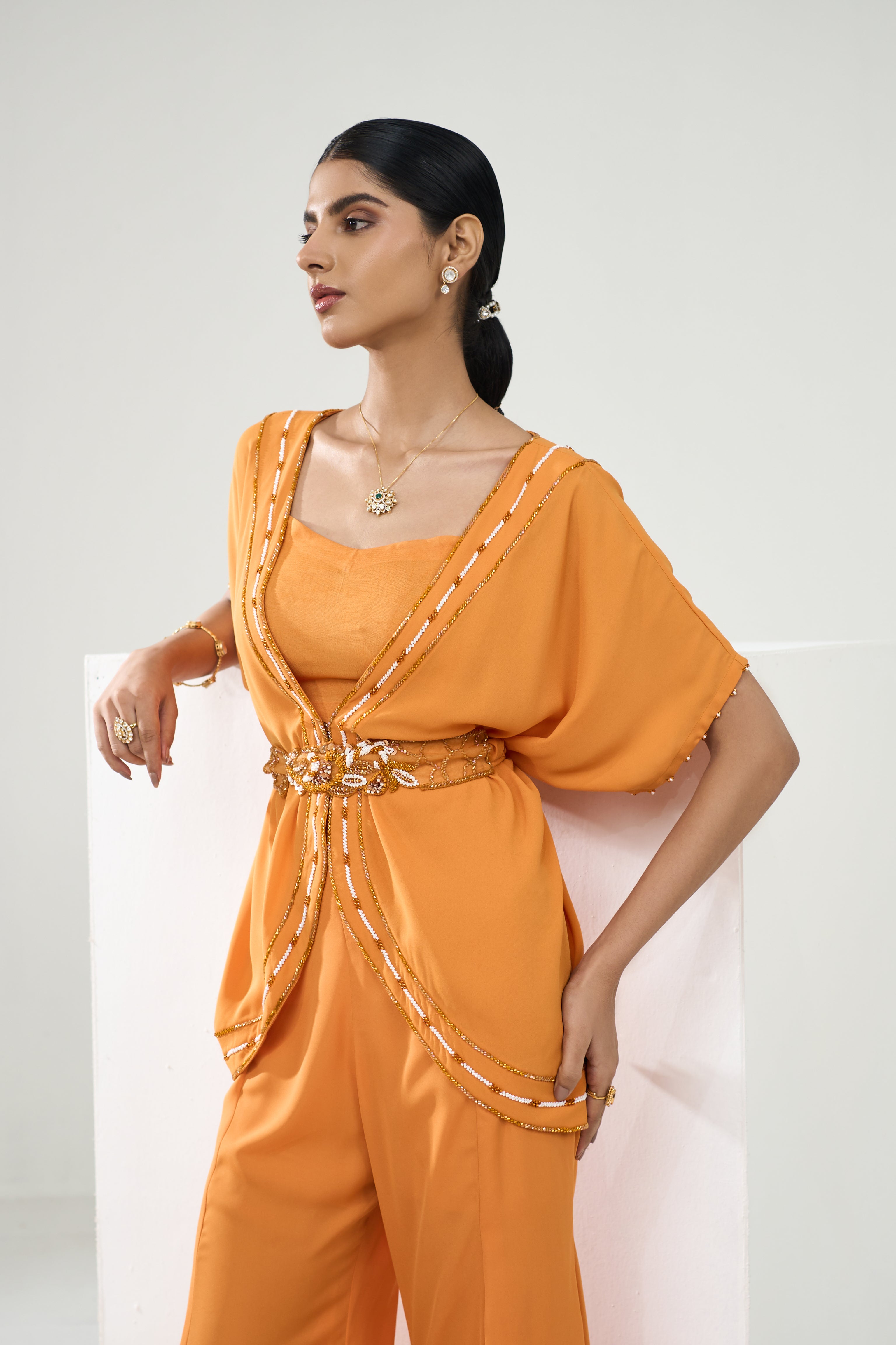Marigold Yellow Placement embroidered  Tunic With Flared Pants
