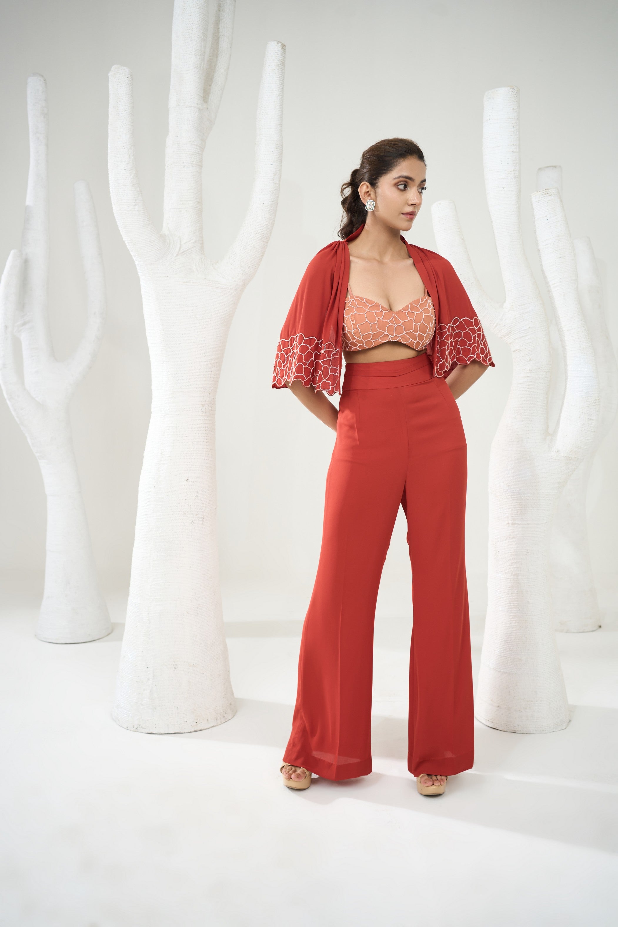 Rust Orange Pants Set With Short Cape
