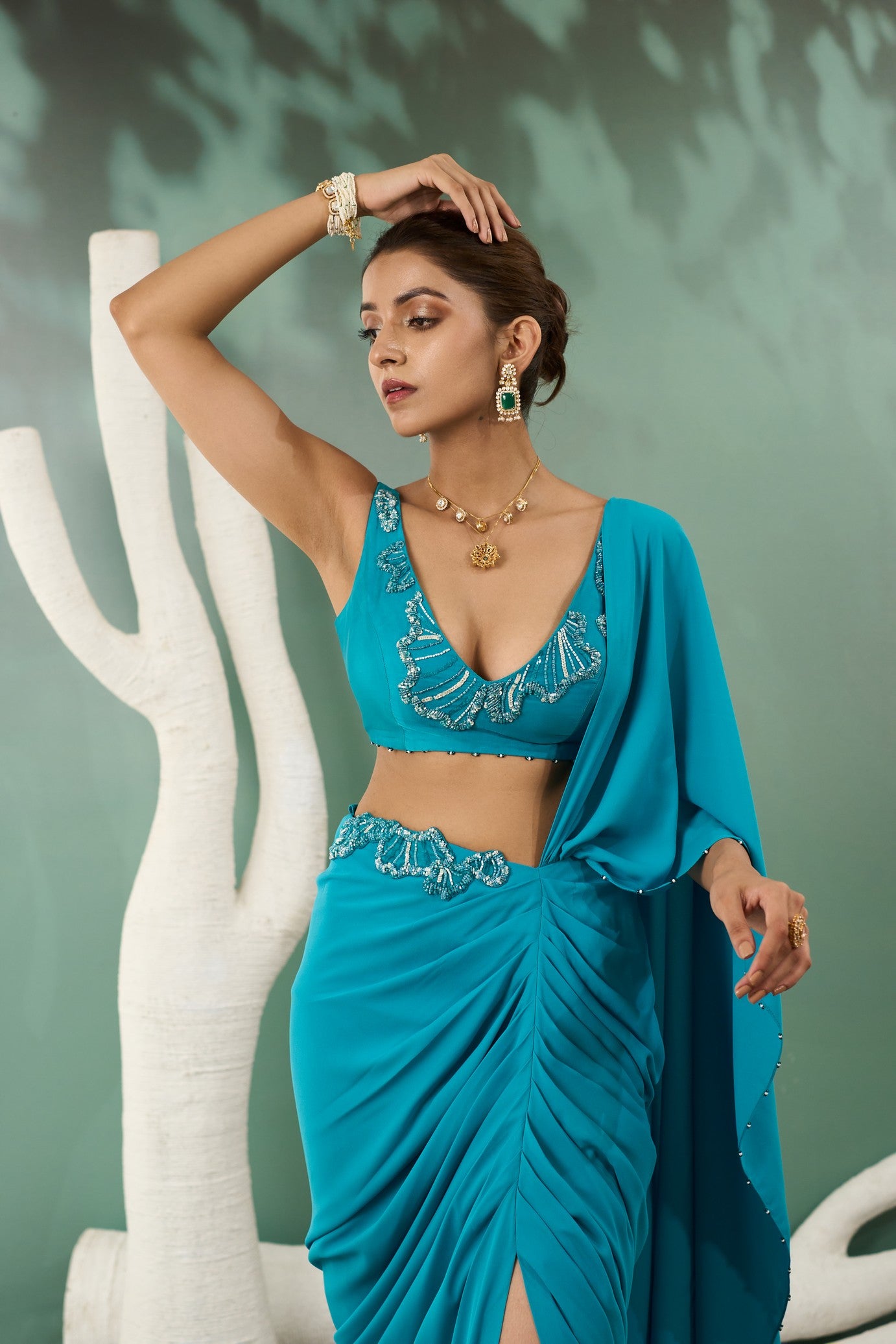 Firozi Blue Drape Saree Set