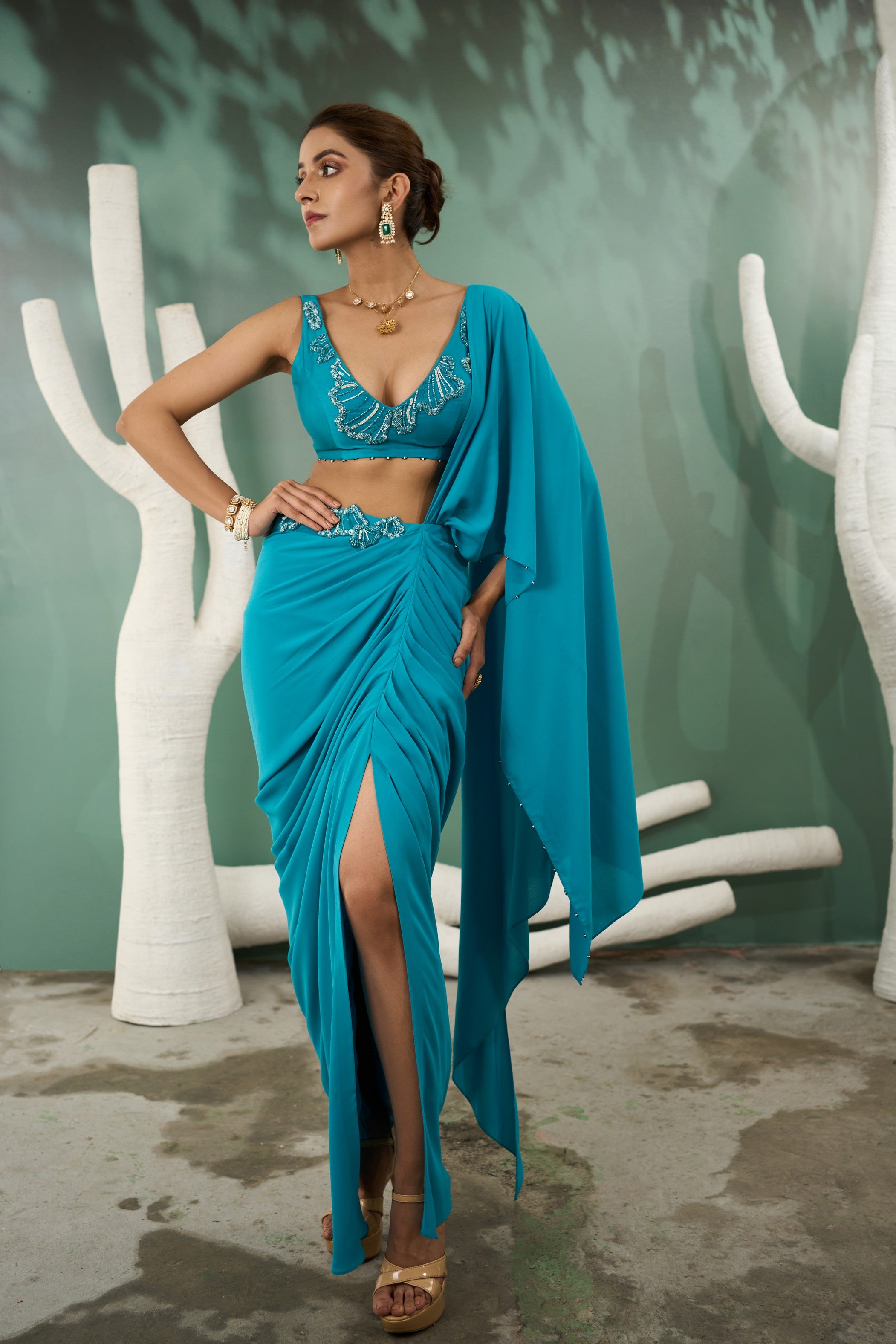 Firozi Blue Drape Saree Set