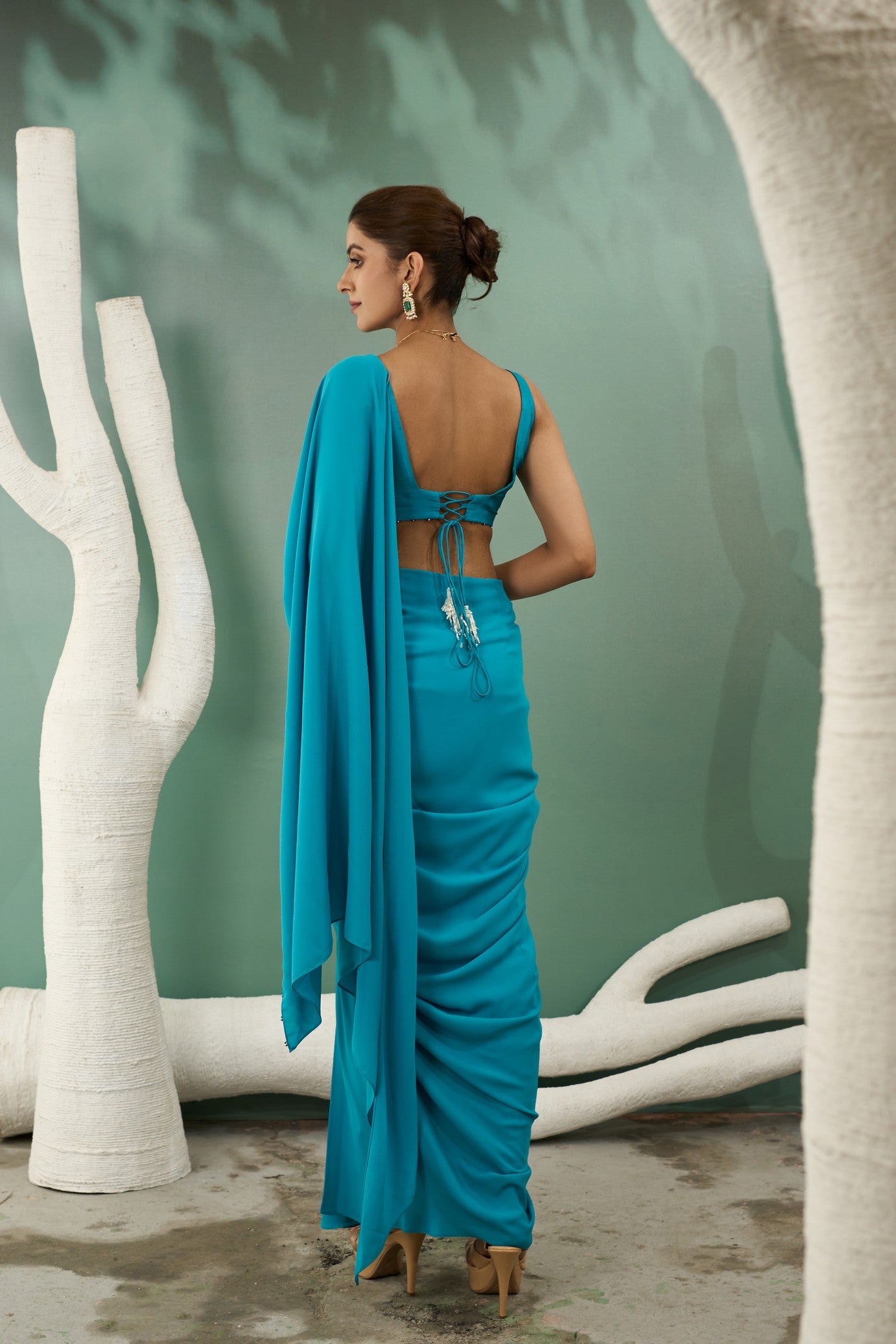 Firozi Blue Drape Saree Set