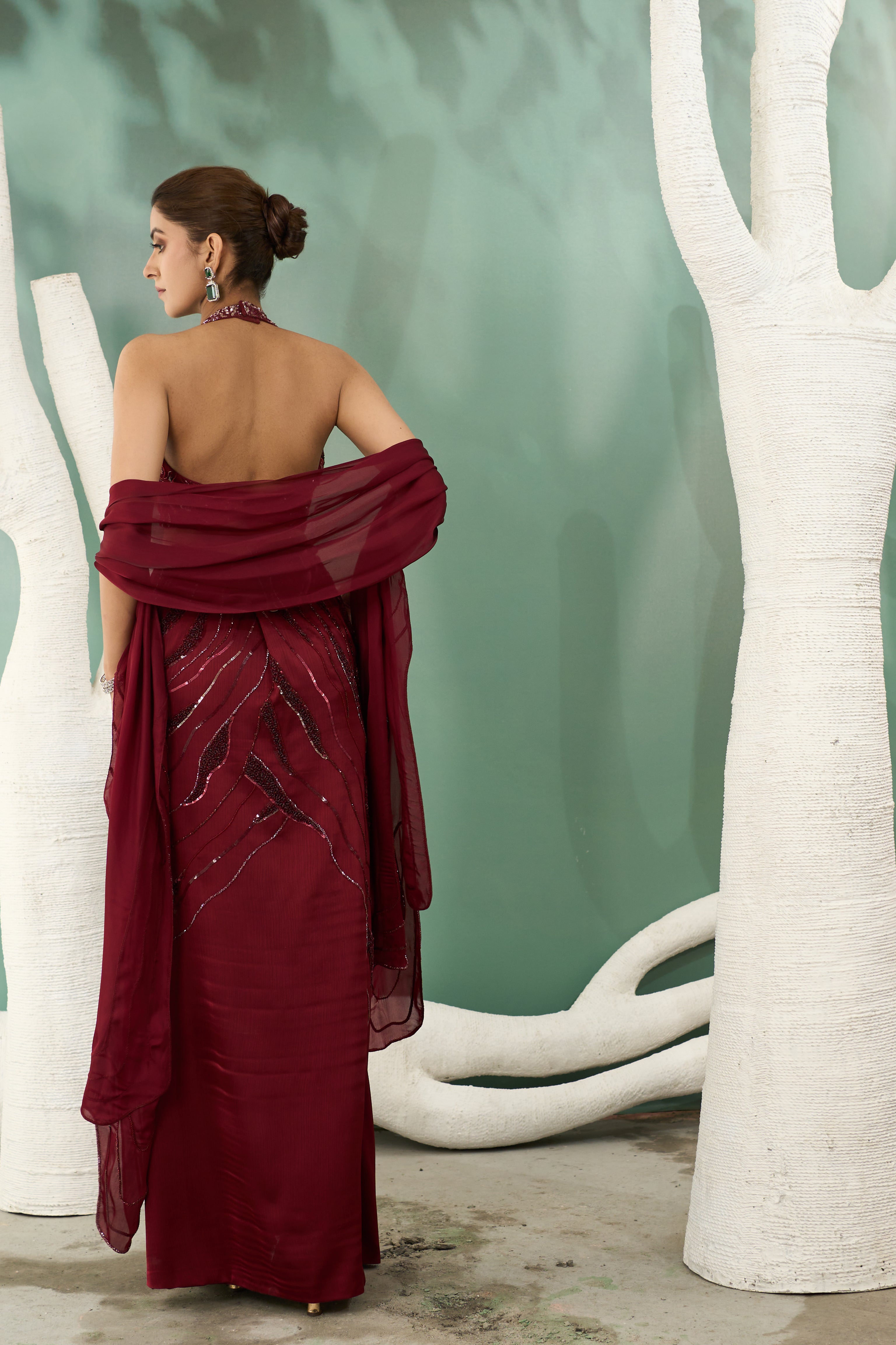 Burgundy Halter Top And Skirt Set