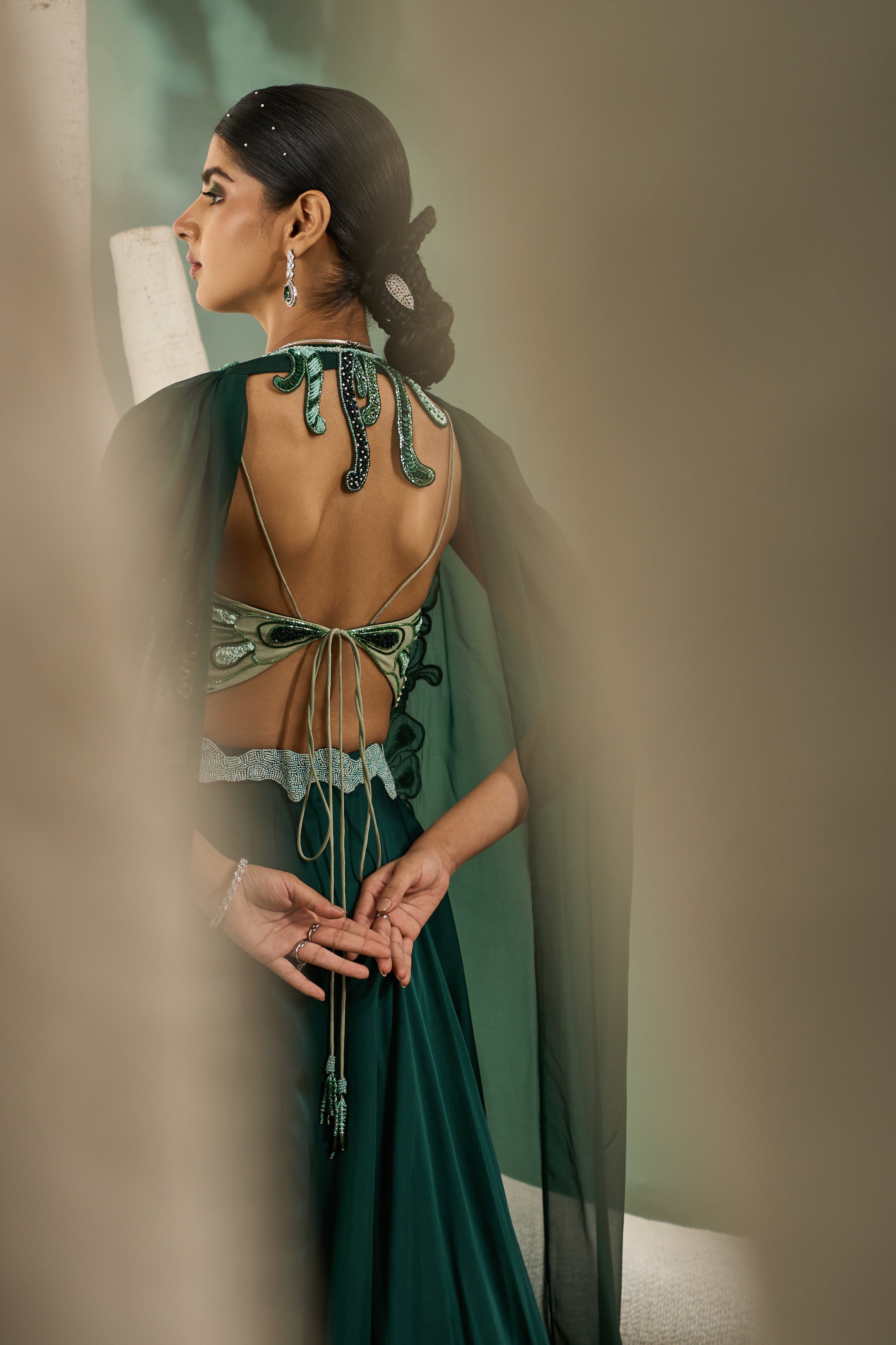 Mint & Dark Green Aaplique Lehenga With Cut-Out Jacket