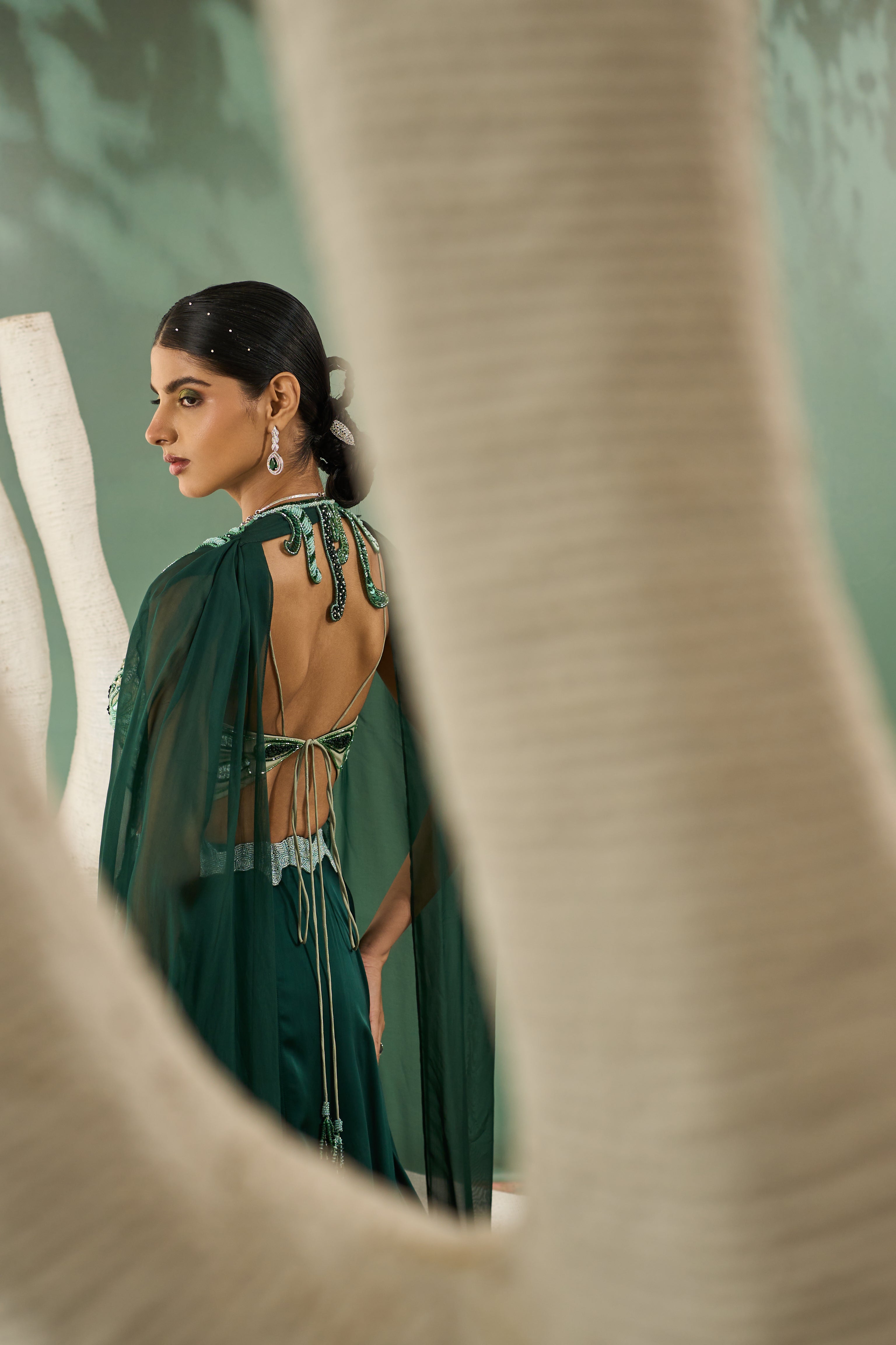 Mint & Dark Green Aaplique Lehenga With Cut-Out Jacket