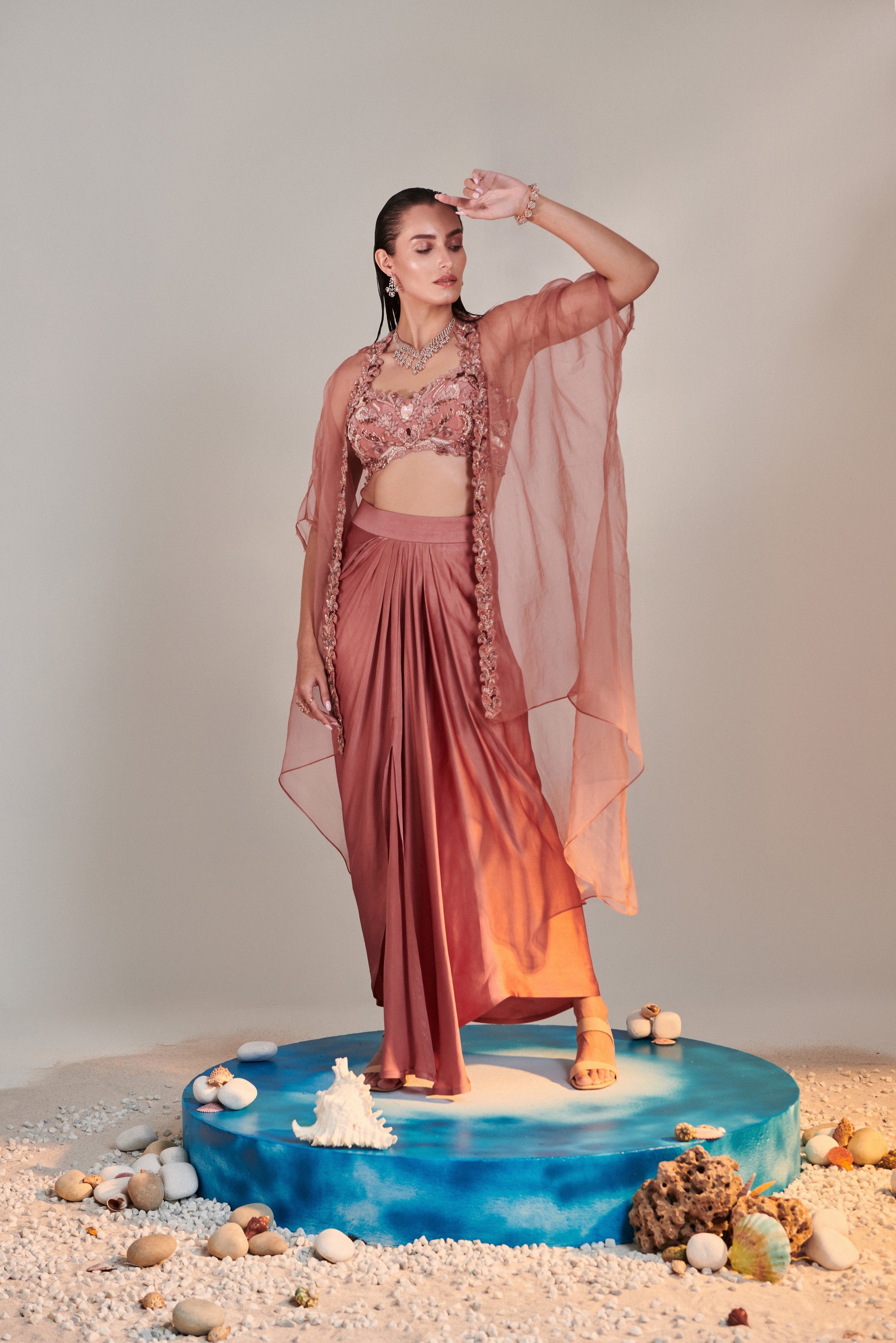 Salmon pink pure organza cape cutwork zardozi embroidery