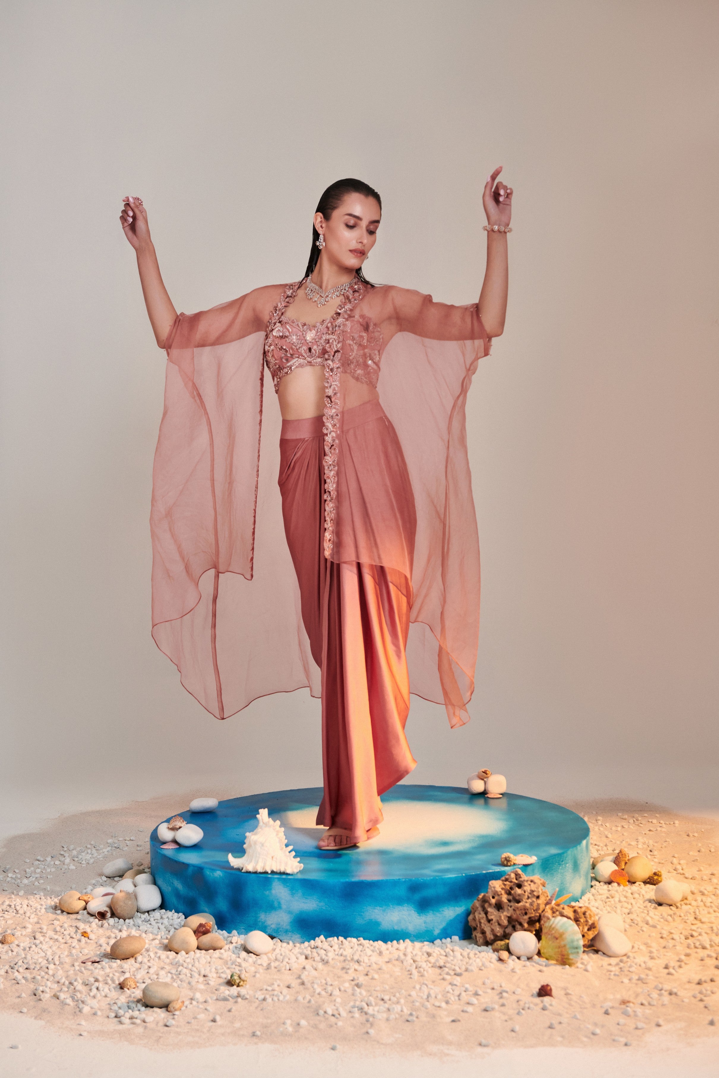 Salmon pink pure organza cape cutwork zardozi embroidery