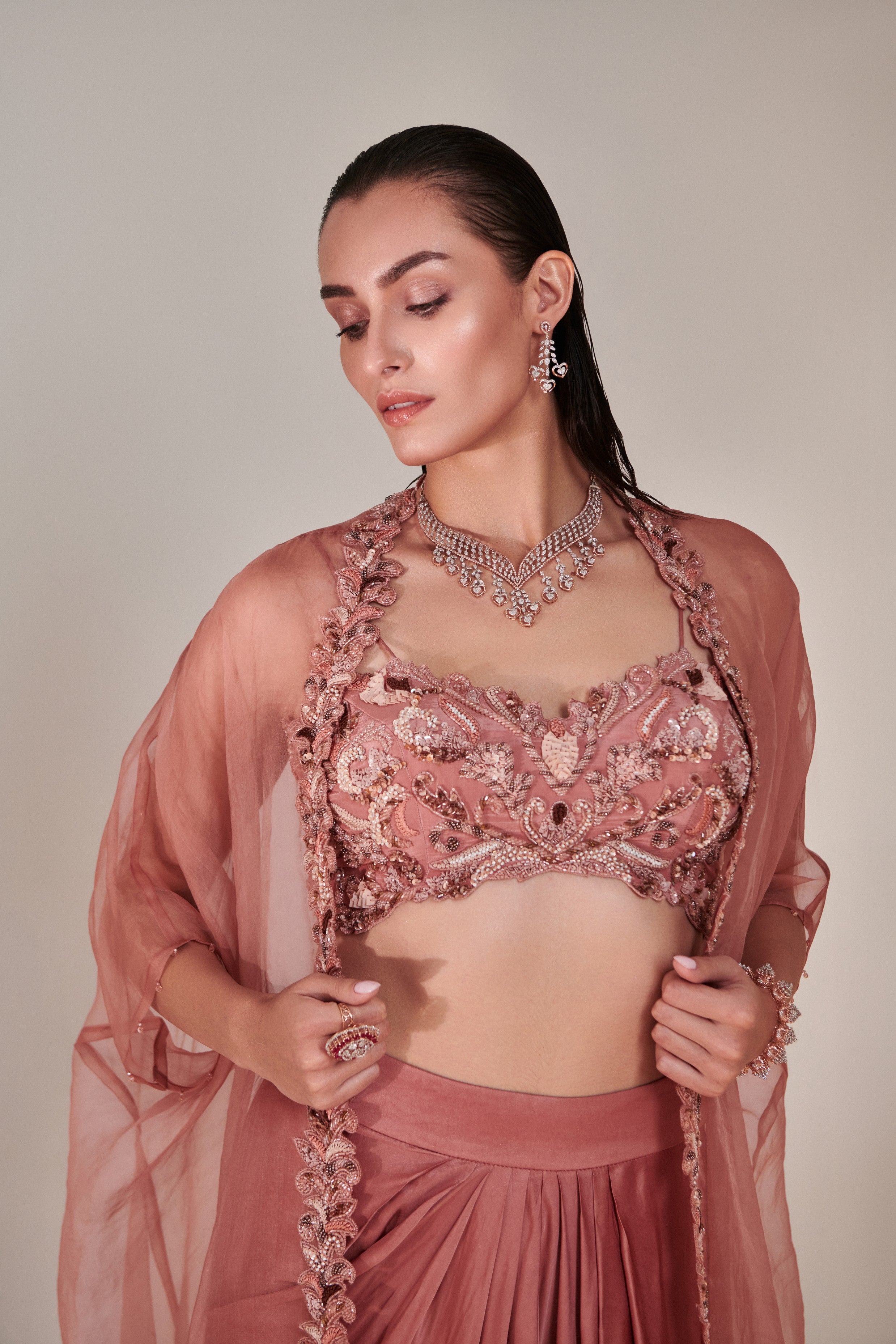 Salmon pink pure organza cape cutwork zardozi embroidery