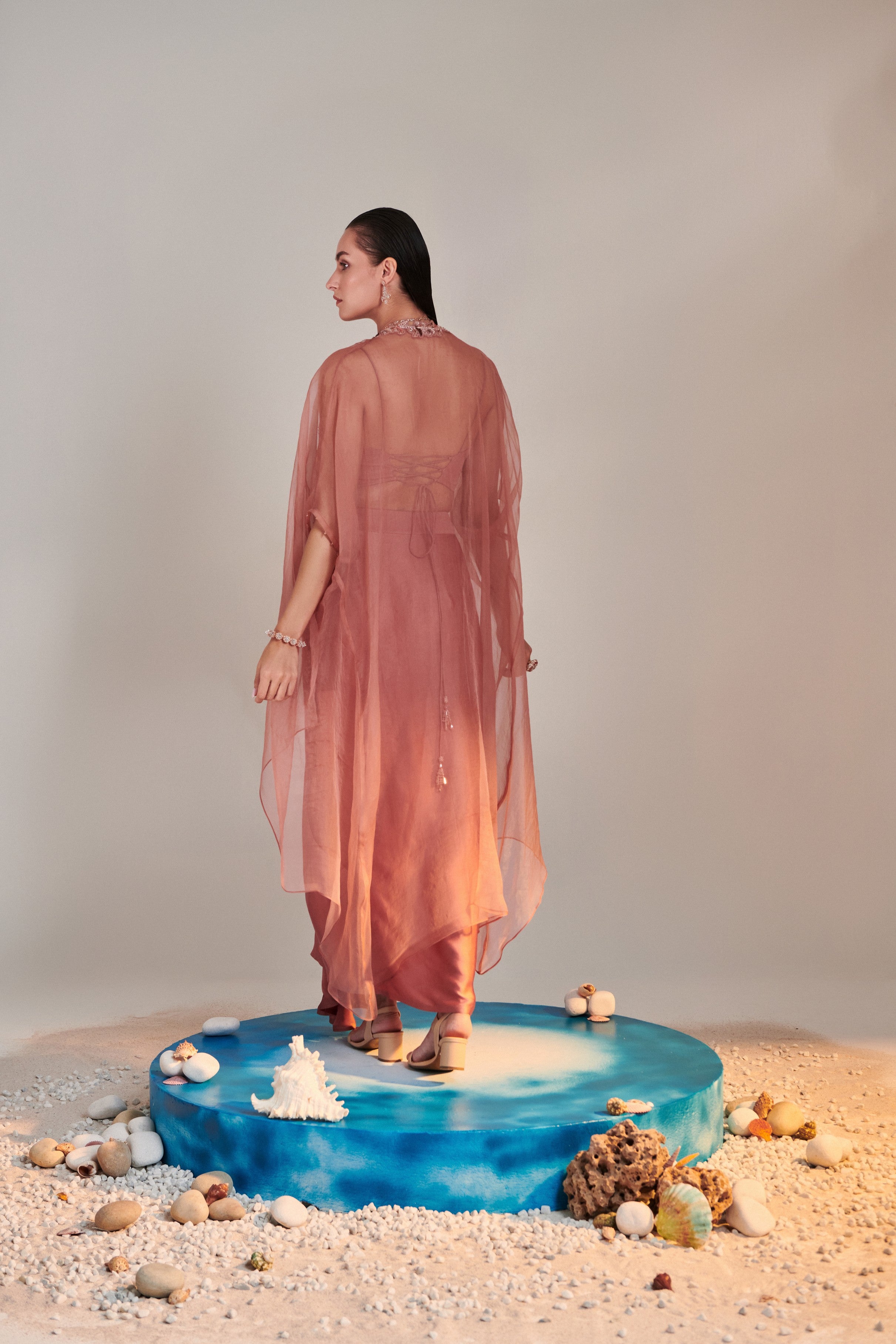 Salmon pink pure organza cape cutwork zardozi embroidery