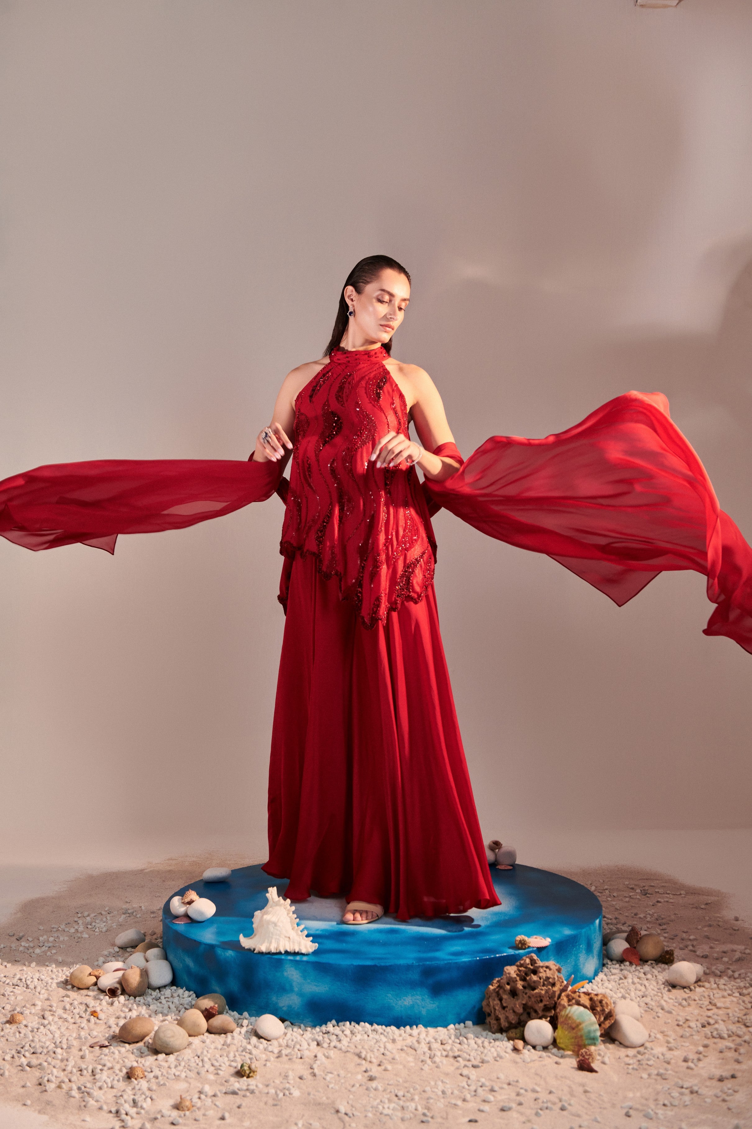 Scarlet Red cutwork asymmetric tunic , twisted pleats dupatta