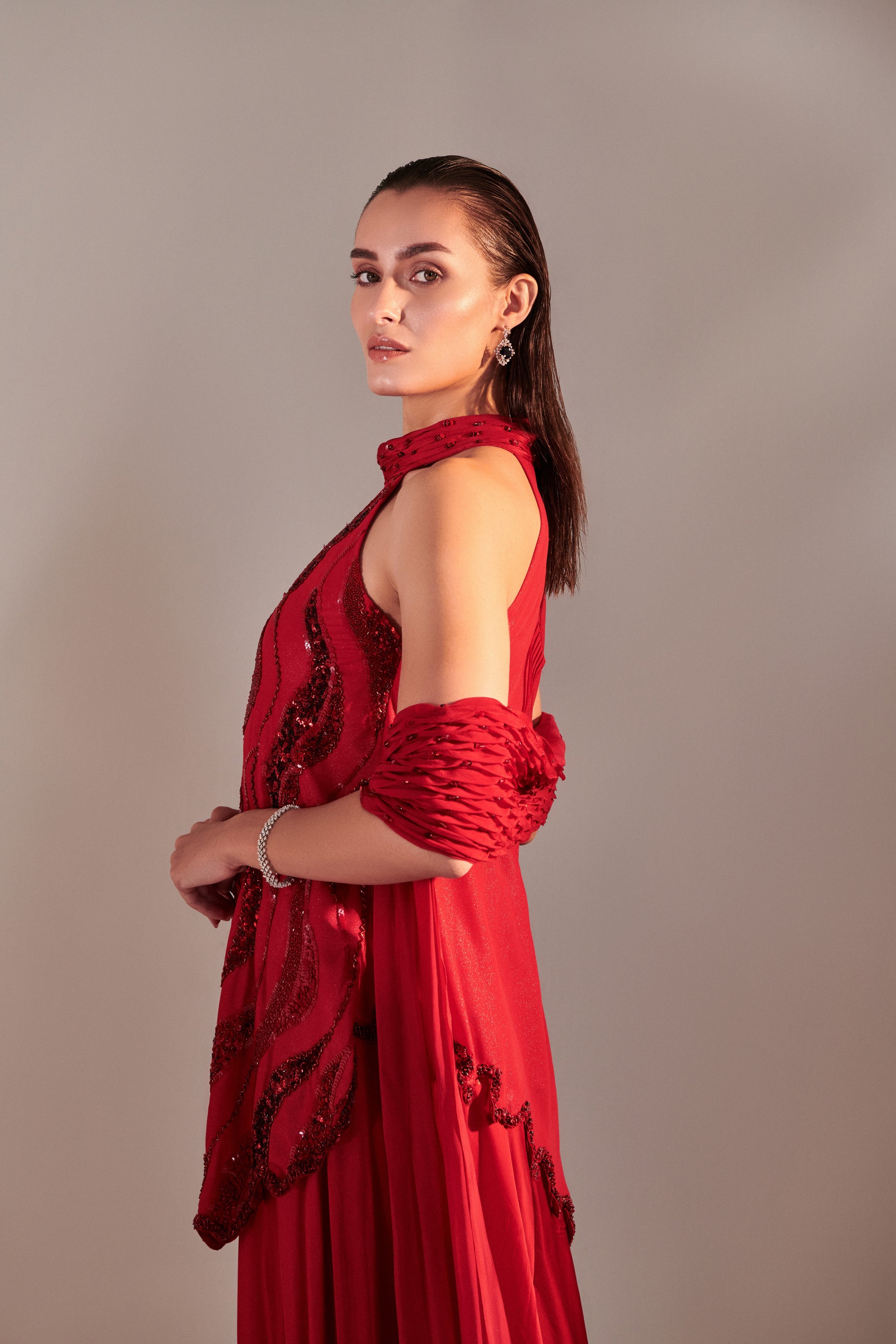 Scarlet Red cutwork asymmetric tunic , twisted pleats dupatta