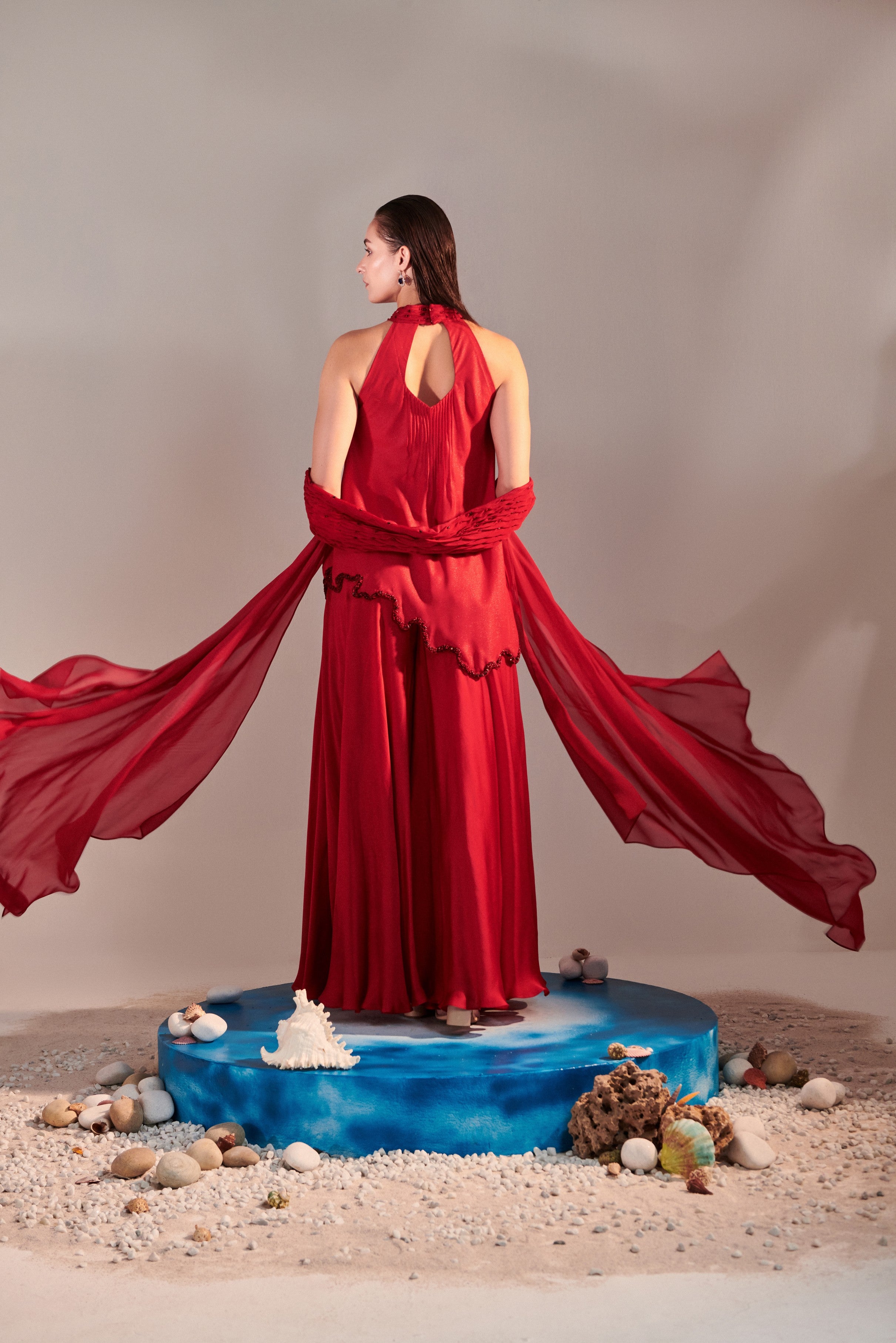 Scarlet Red cutwork asymmetric tunic , twisted pleats dupatta