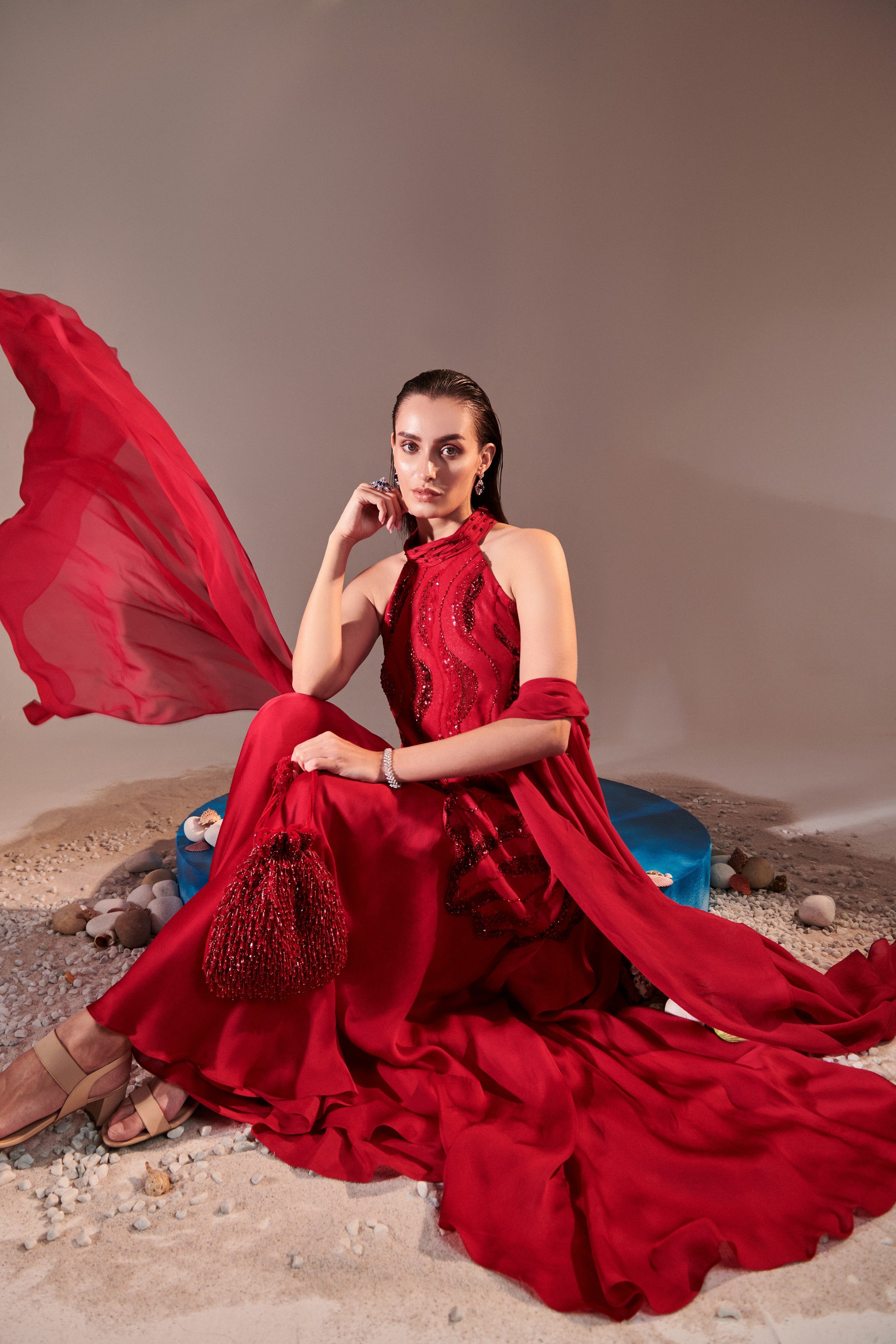 Scarlet Red cutwork asymmetric tunic , twisted pleats dupatta