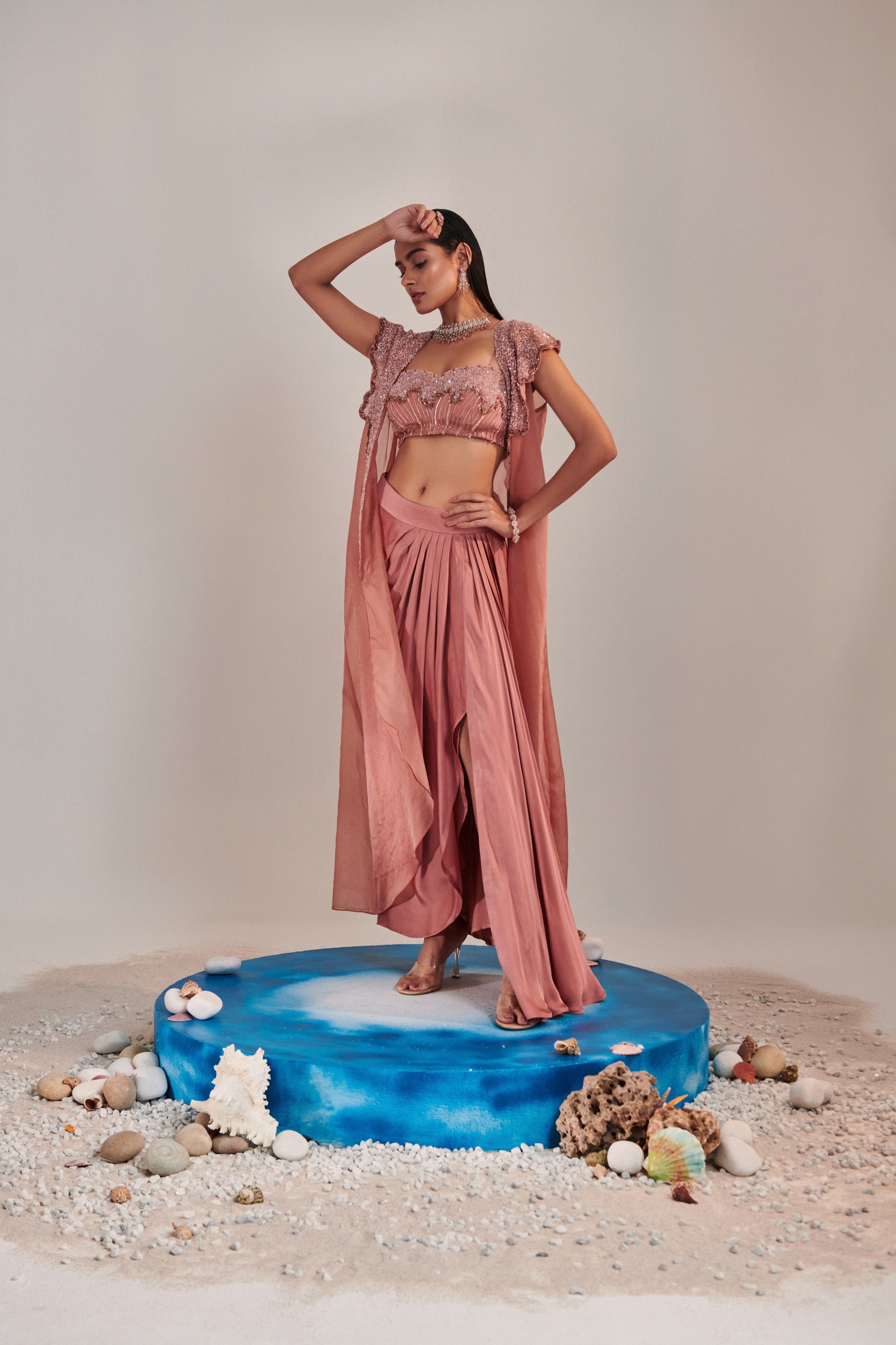 Salmon pink shawl collar cutwork cape and water effect embroidred blouse