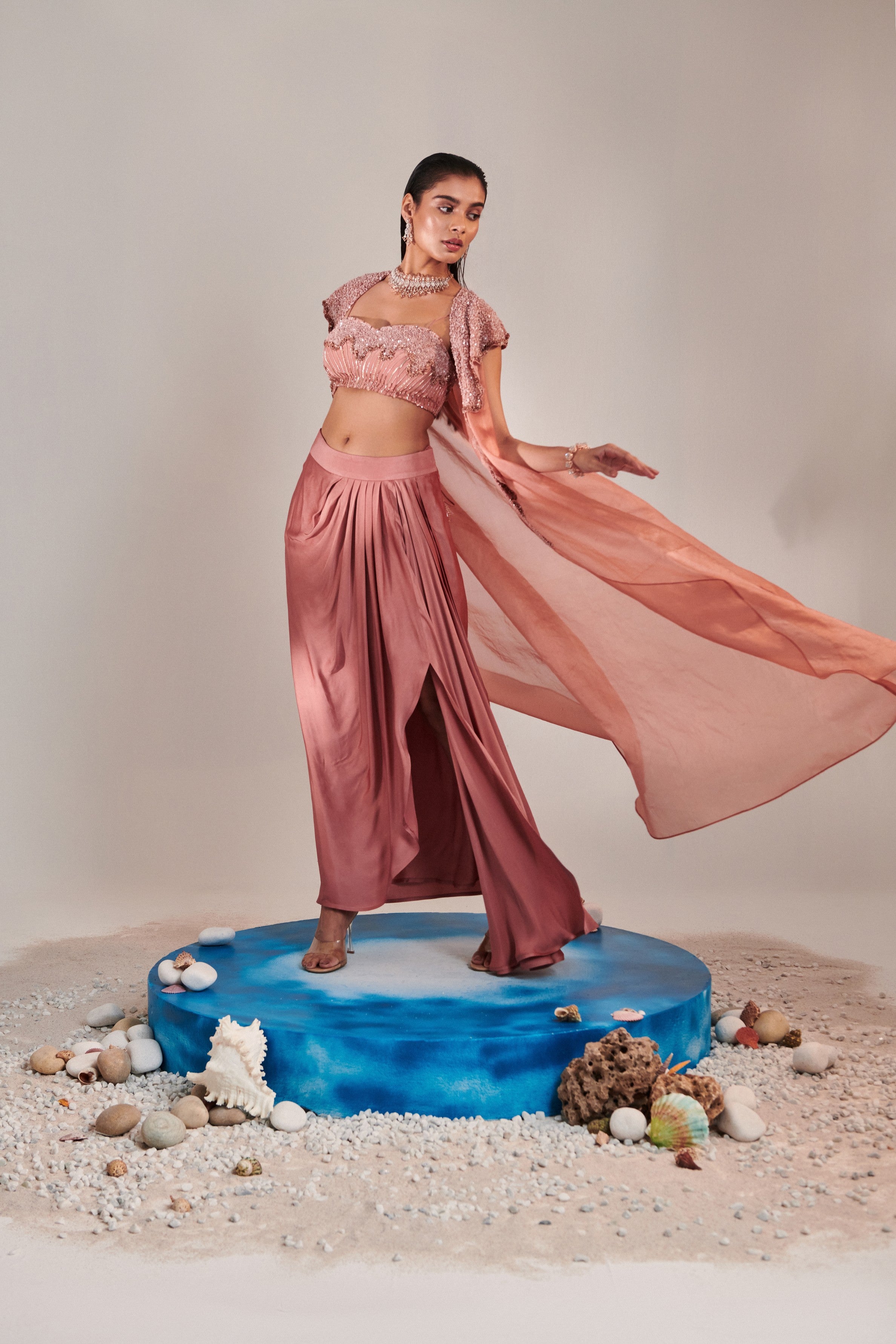 Salmon pink shawl collar cutwork cape and water effect embroidred blouse