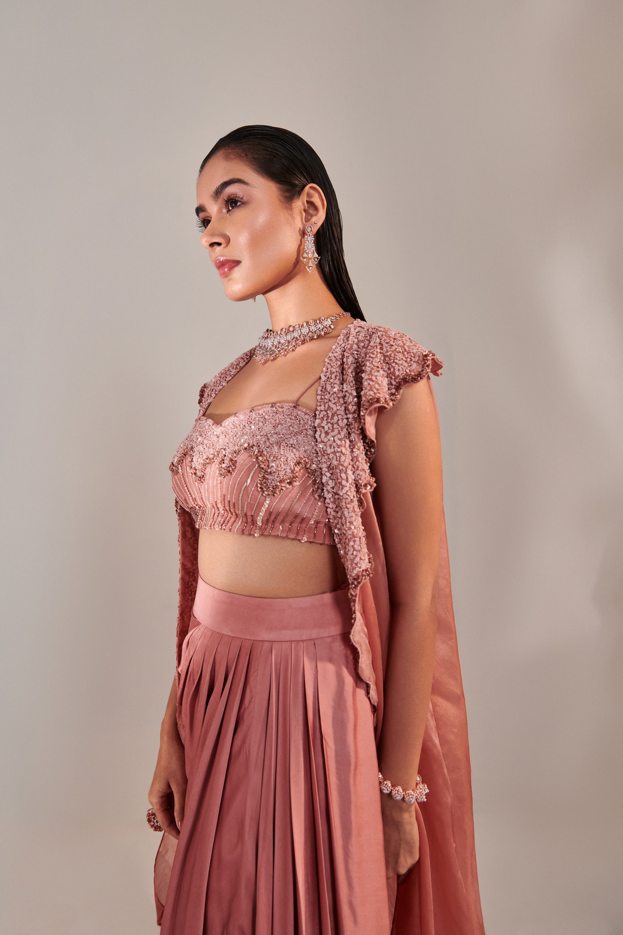 Salmon pink shawl collar cutwork cape and water effect embroidred blouse