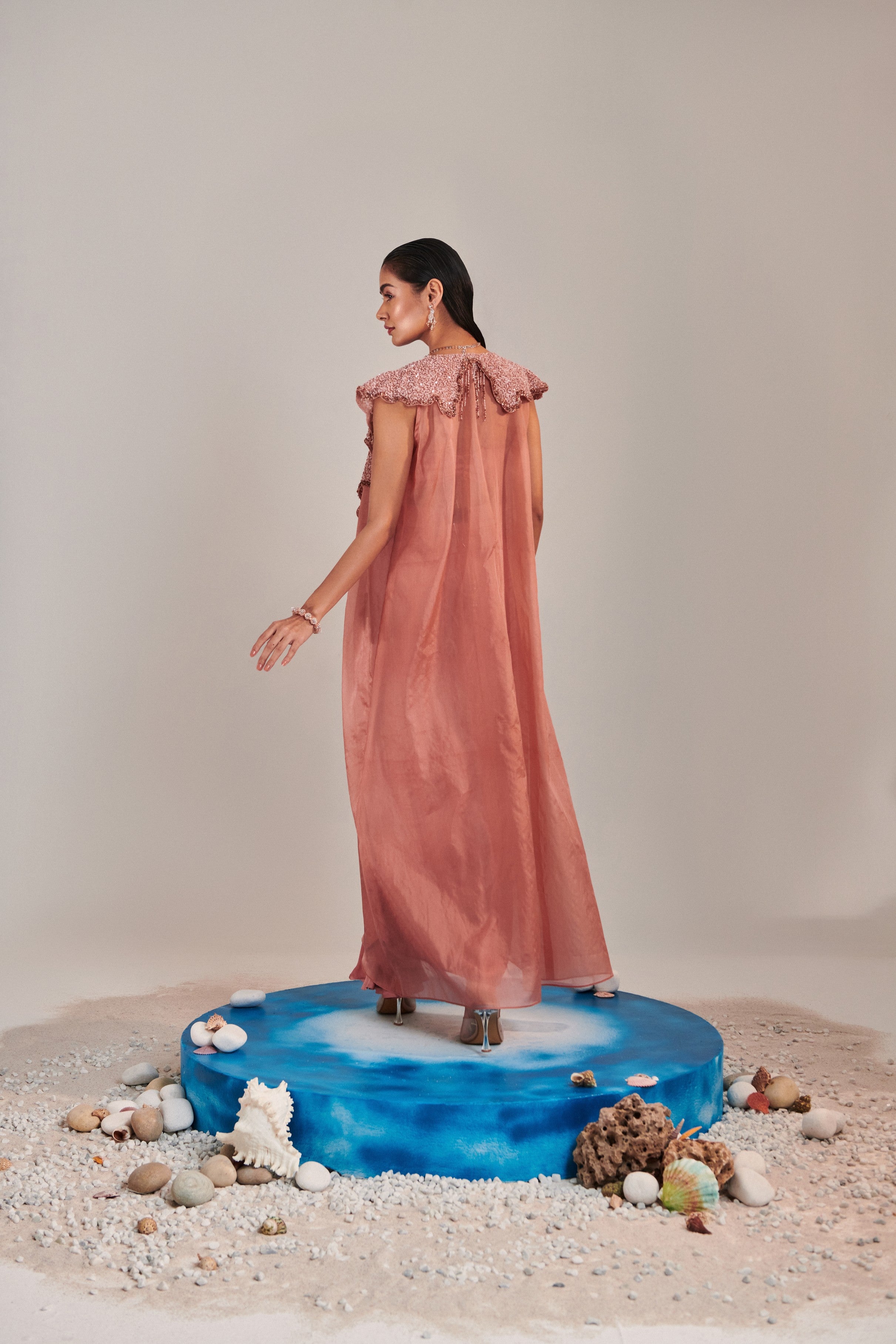 Salmon pink shawl collar cutwork cape and water effect embroidred blouse