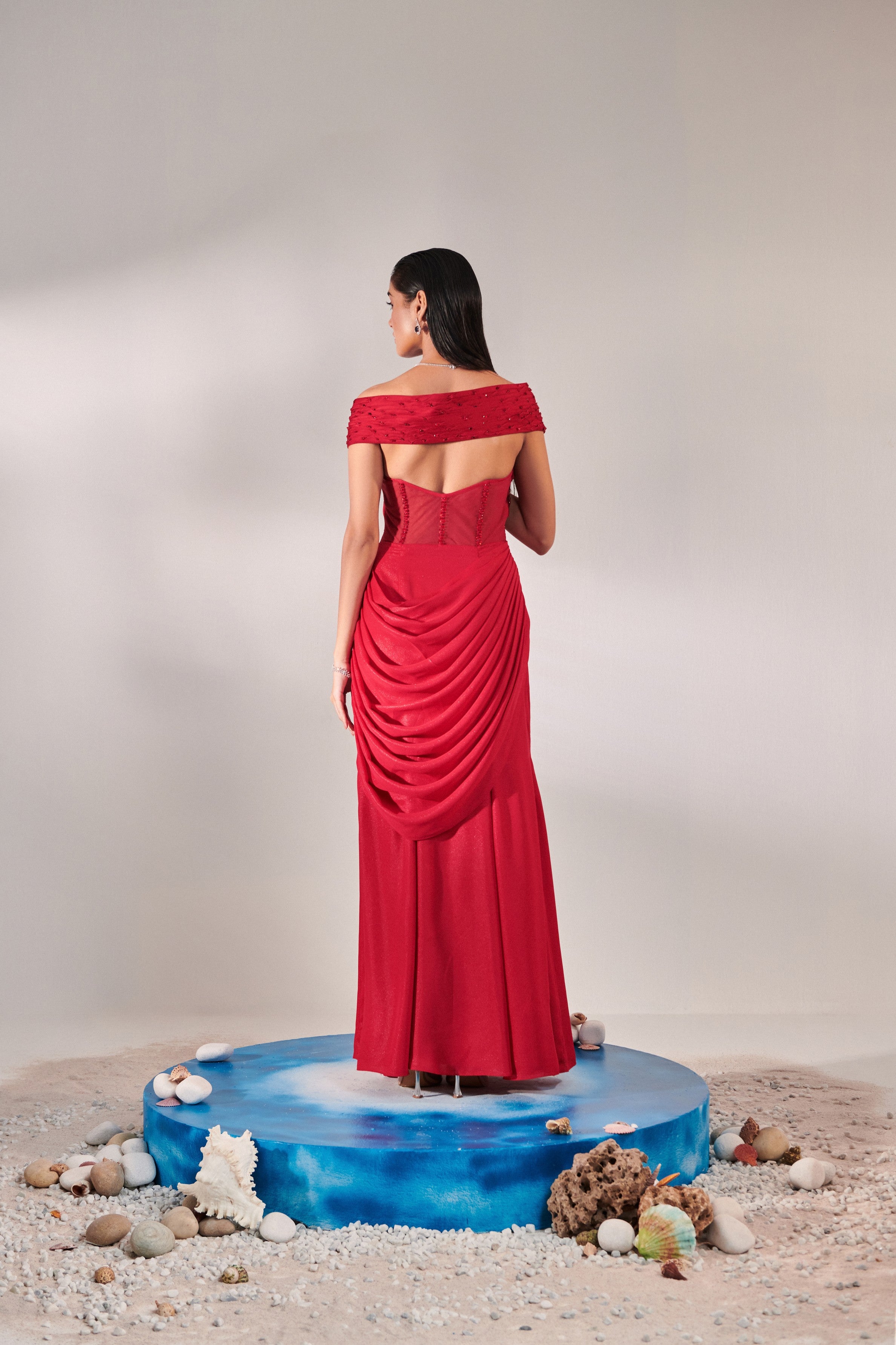 Corset fitted gown with drape saree
