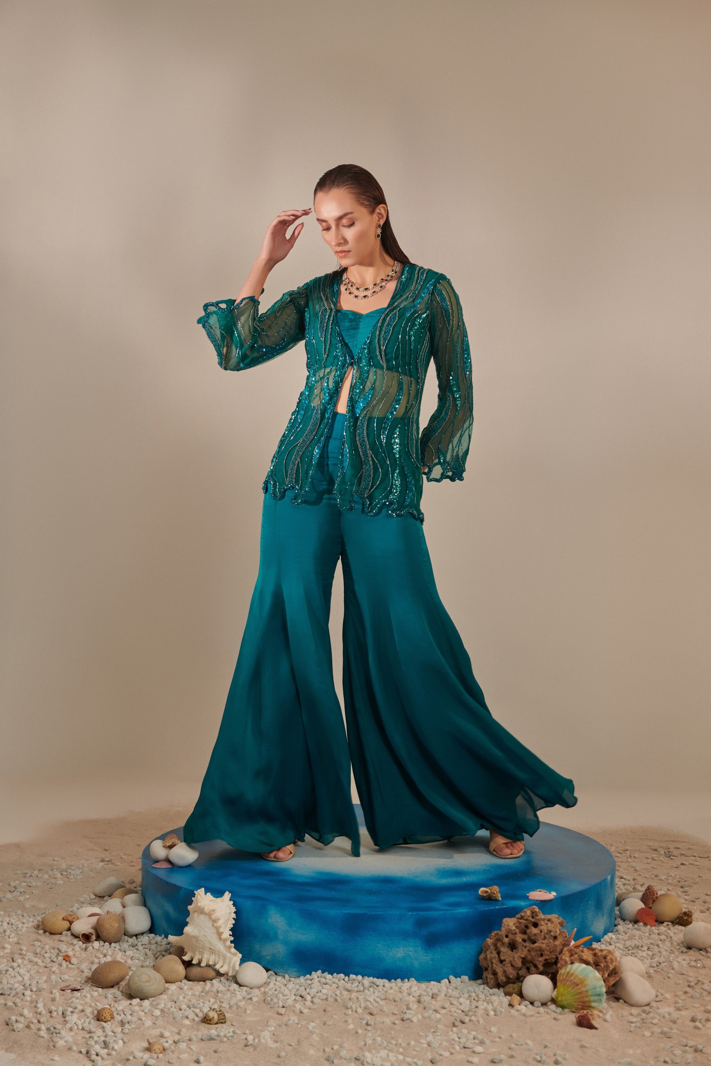 Teal cutwork tulle jacket , kalidar sharara, ruched bustier