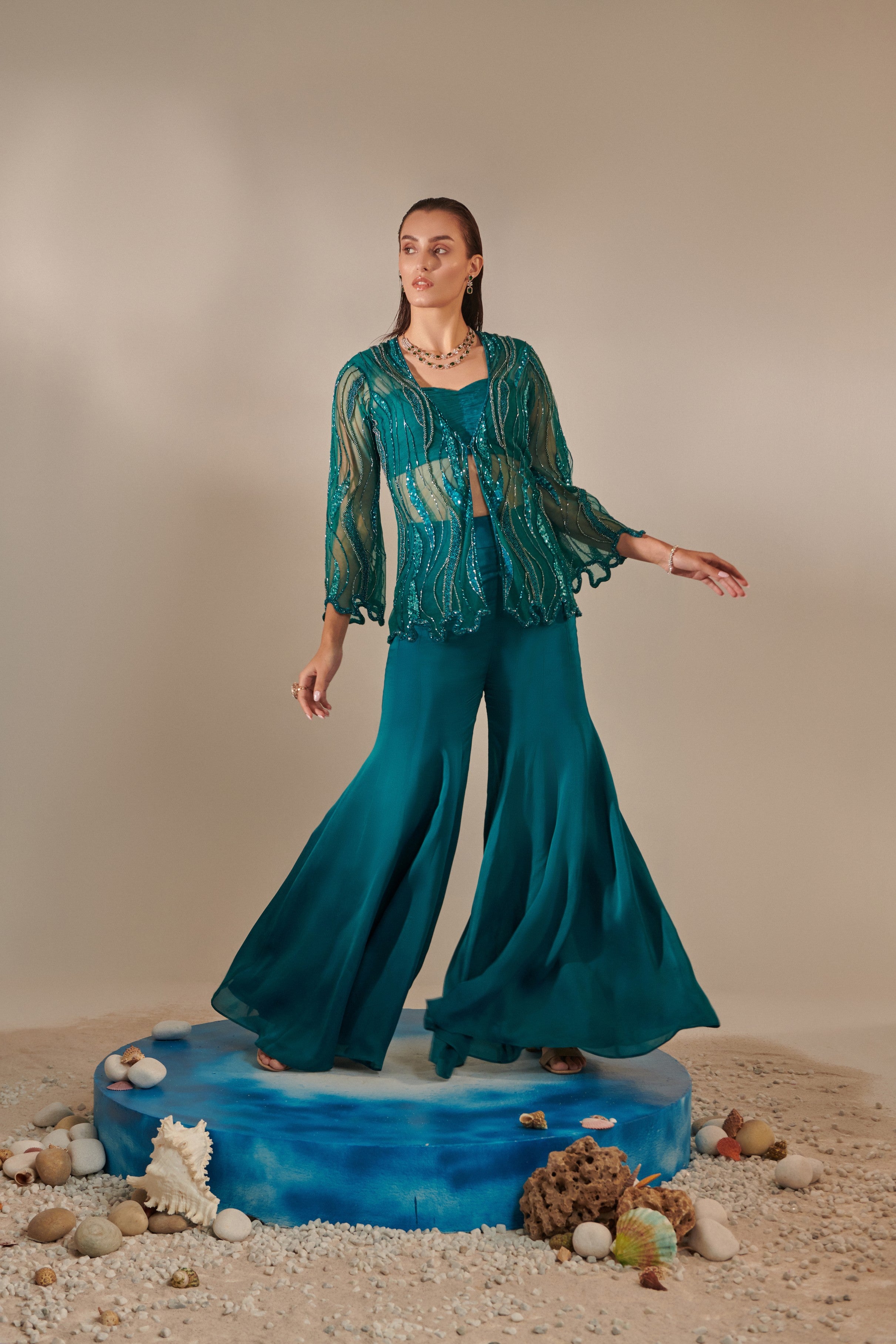 Teal cutwork tulle jacket , kalidar sharara, ruched bustier