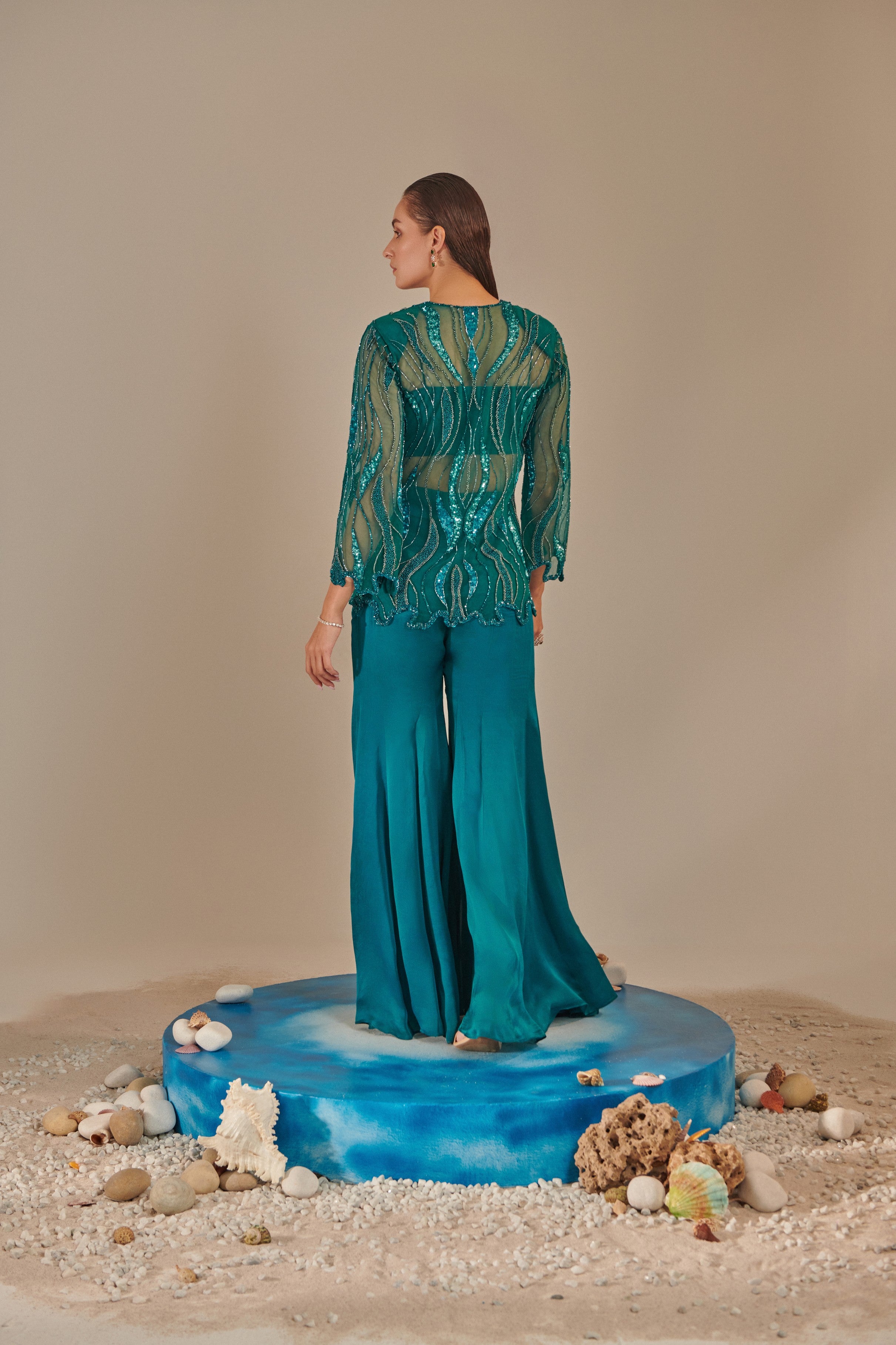Teal cutwork tulle jacket , kalidar sharara, ruched bustier