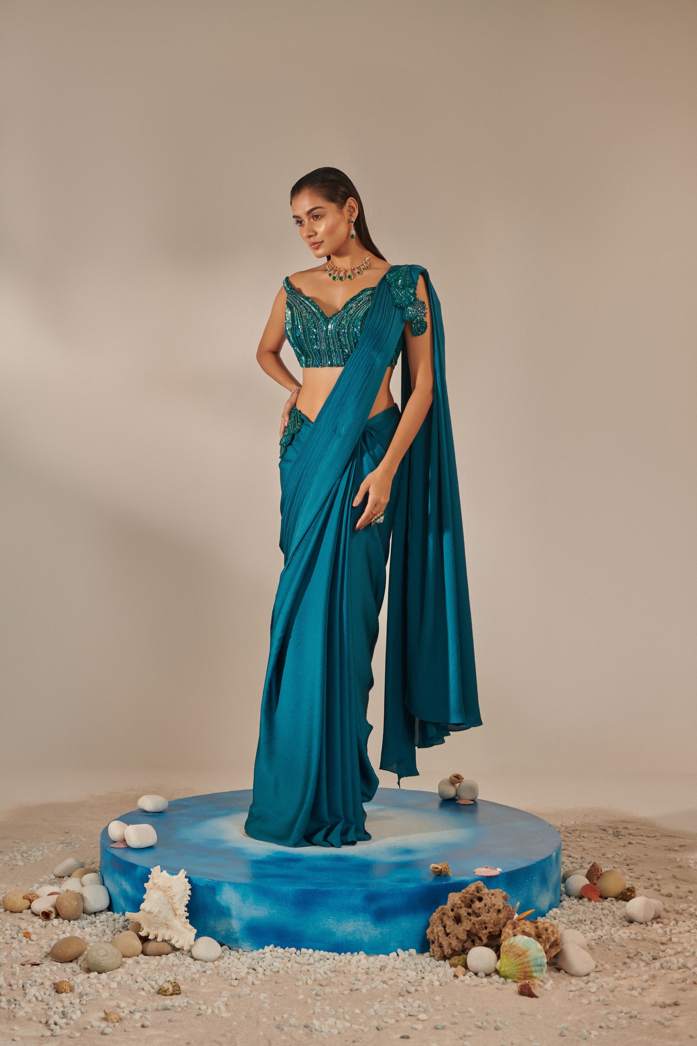 Teal off shoulder pre-stitch drape saree set;3d hand embellished applique shells