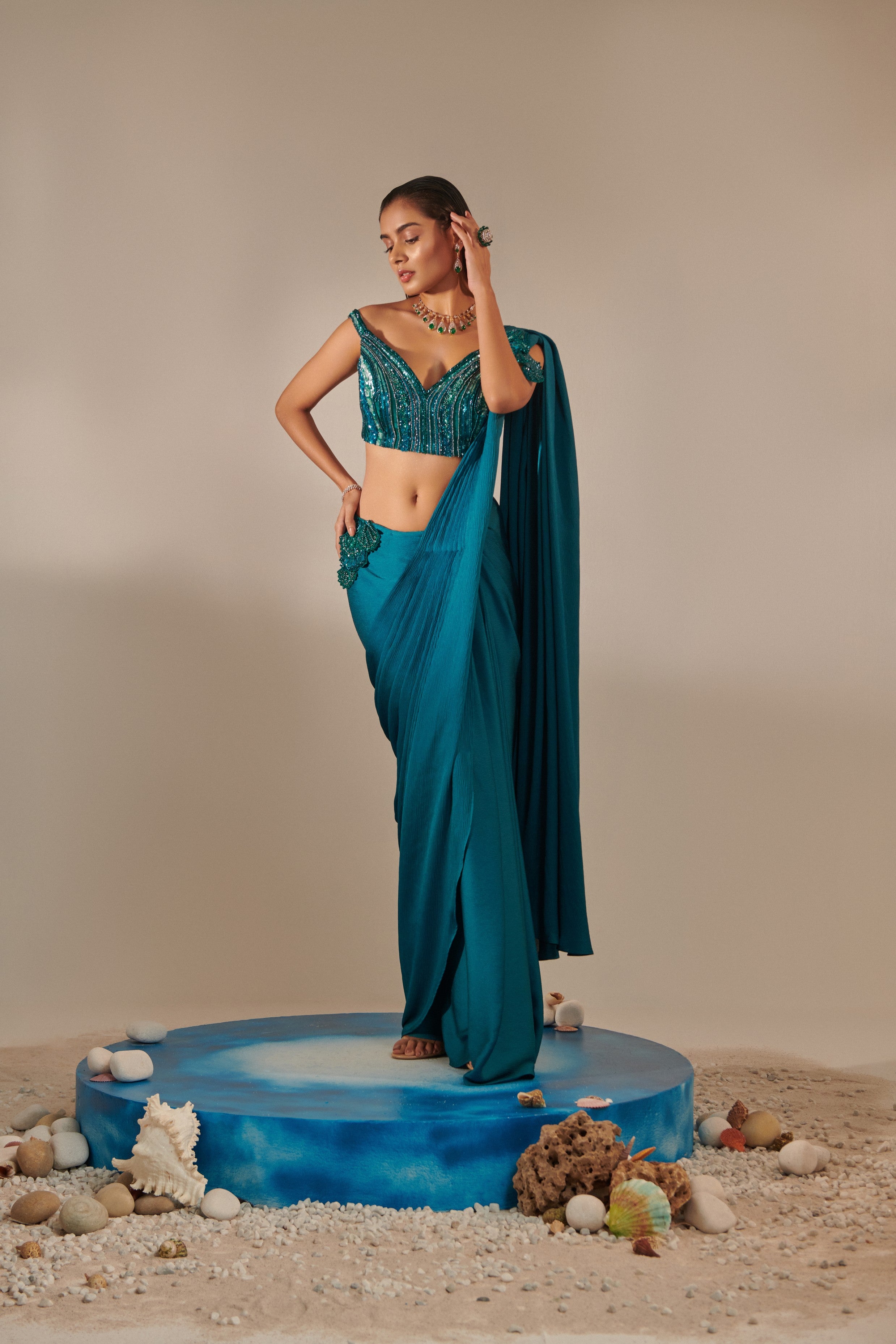 Teal off shoulder pre-stitch drape saree set;3d hand embellished applique shells