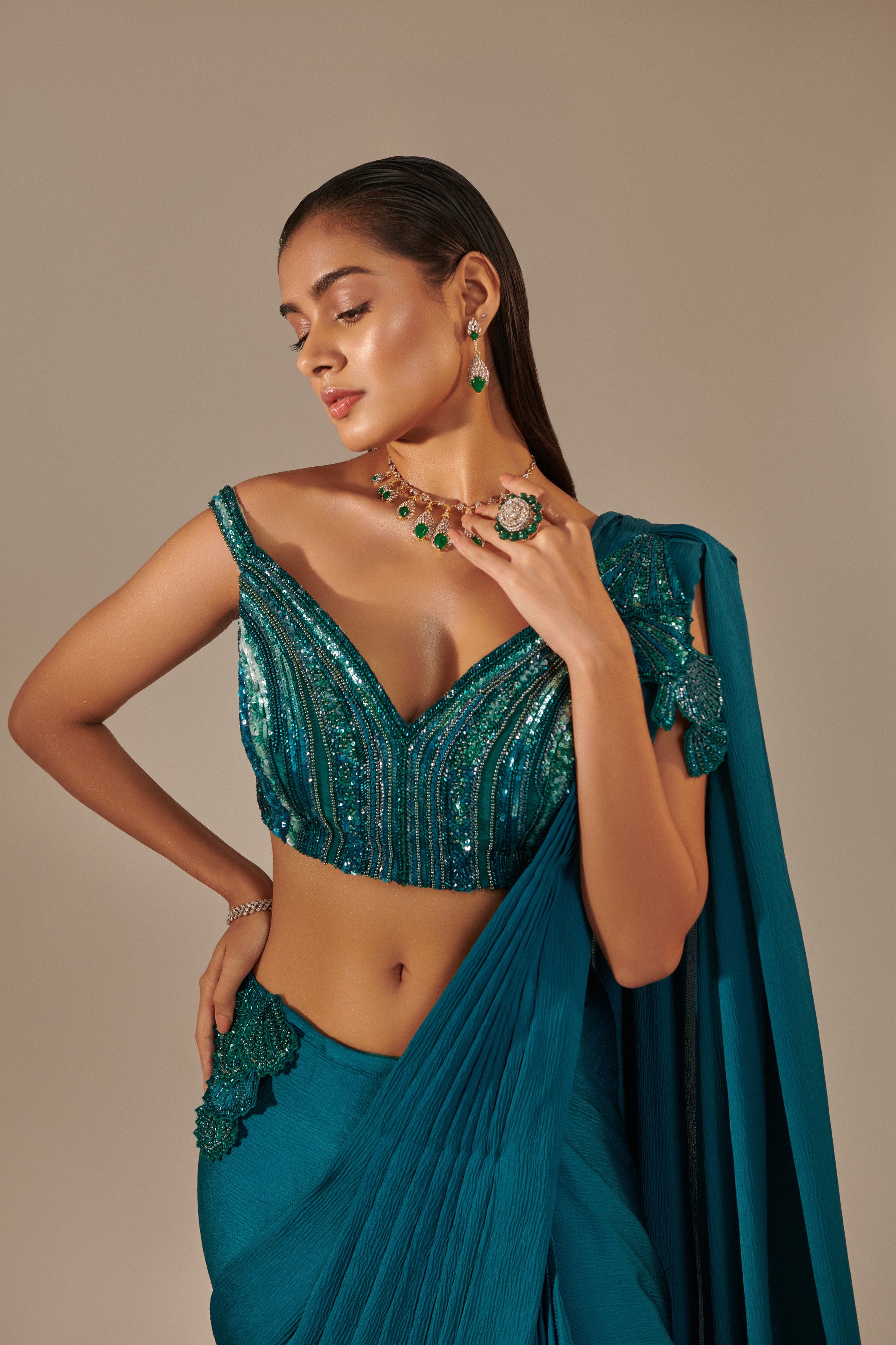 Teal off shoulder pre-stitch drape saree set;3d hand embellished applique shells