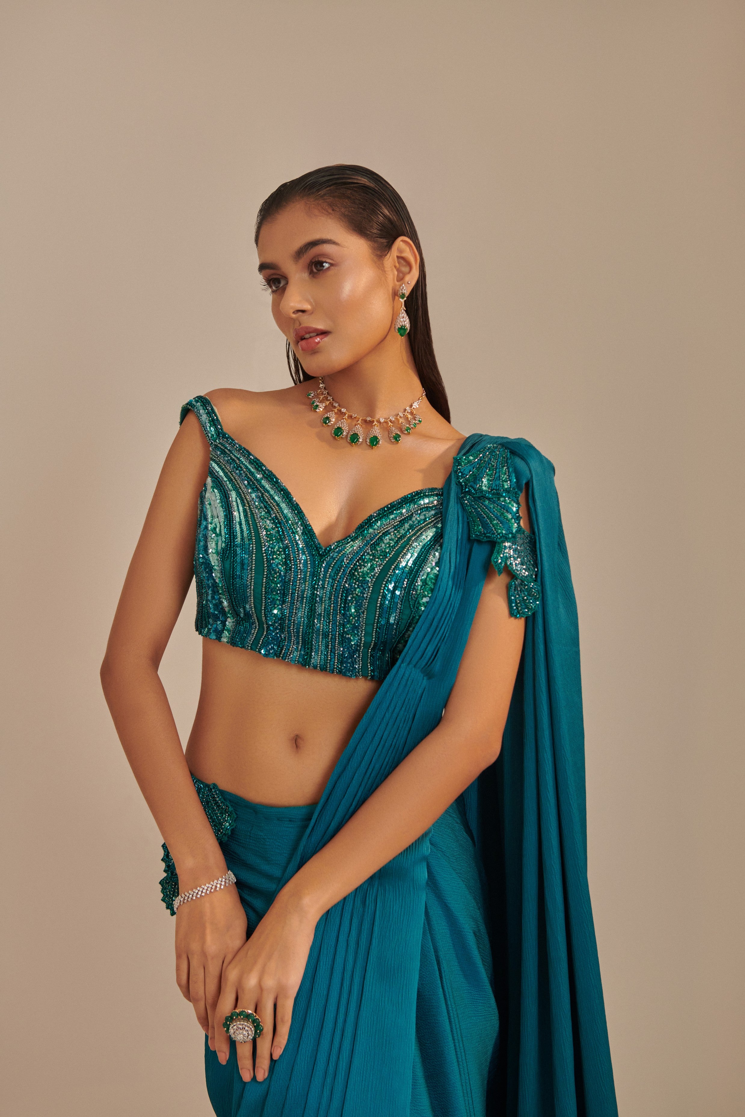 Teal off shoulder pre-stitch drape saree set;3d hand embellished applique shells