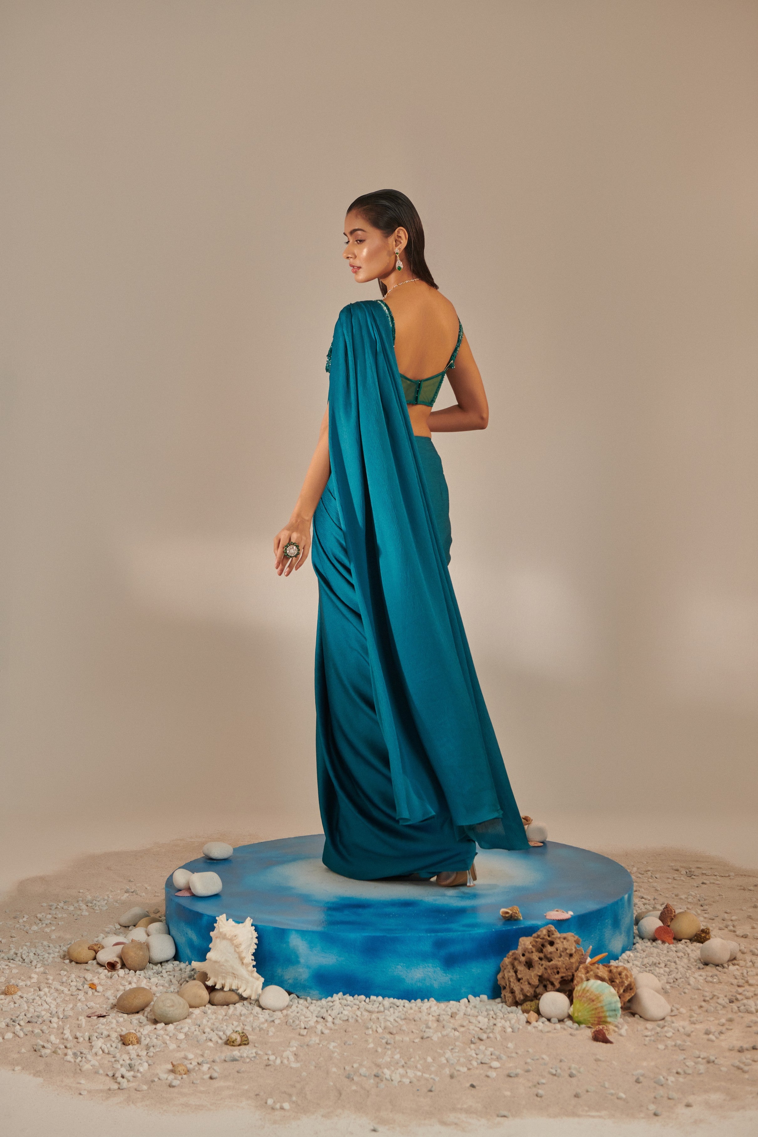 Teal off shoulder pre-stitch drape saree set;3d hand embellished applique shells