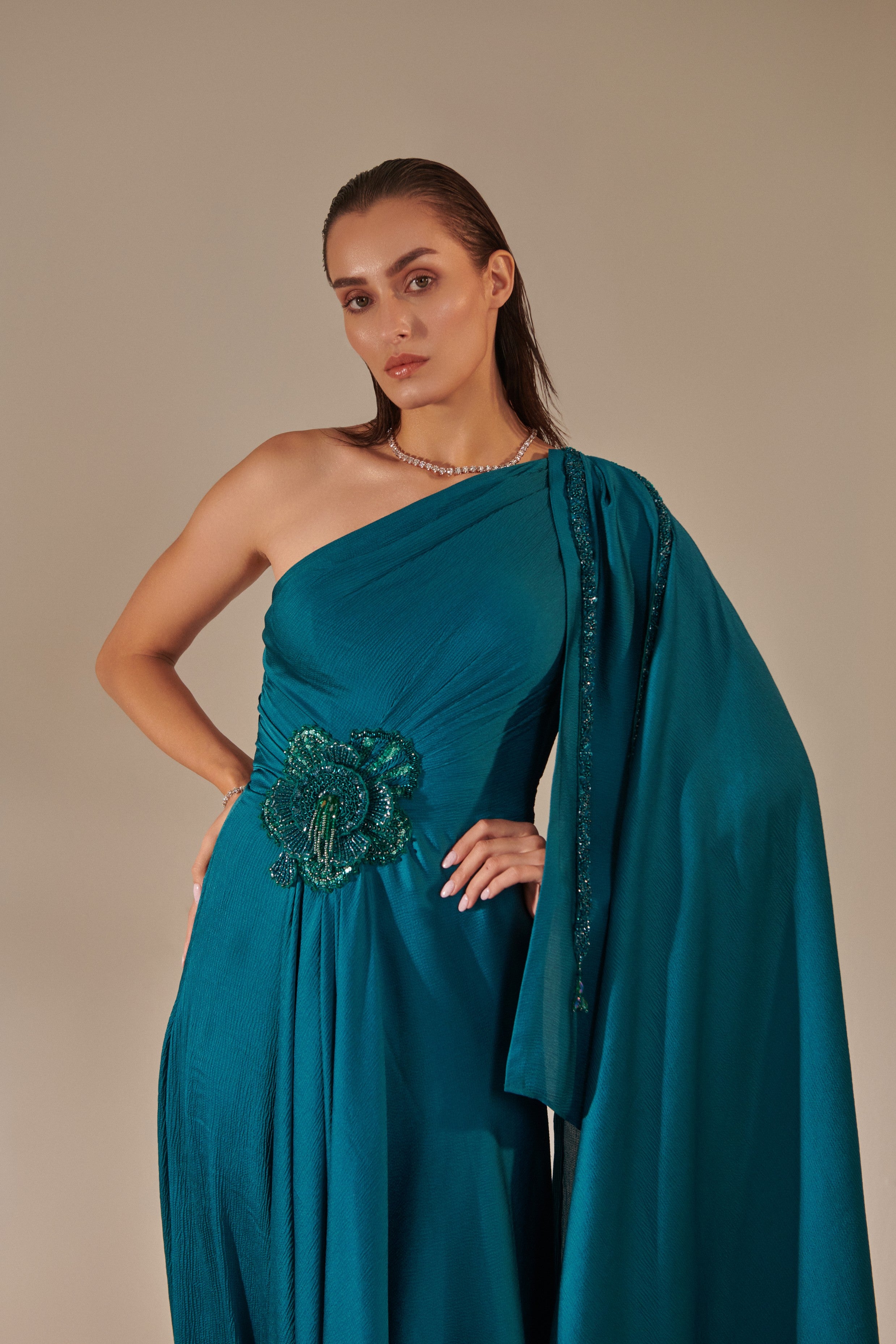 Teal one shoulder drape gown