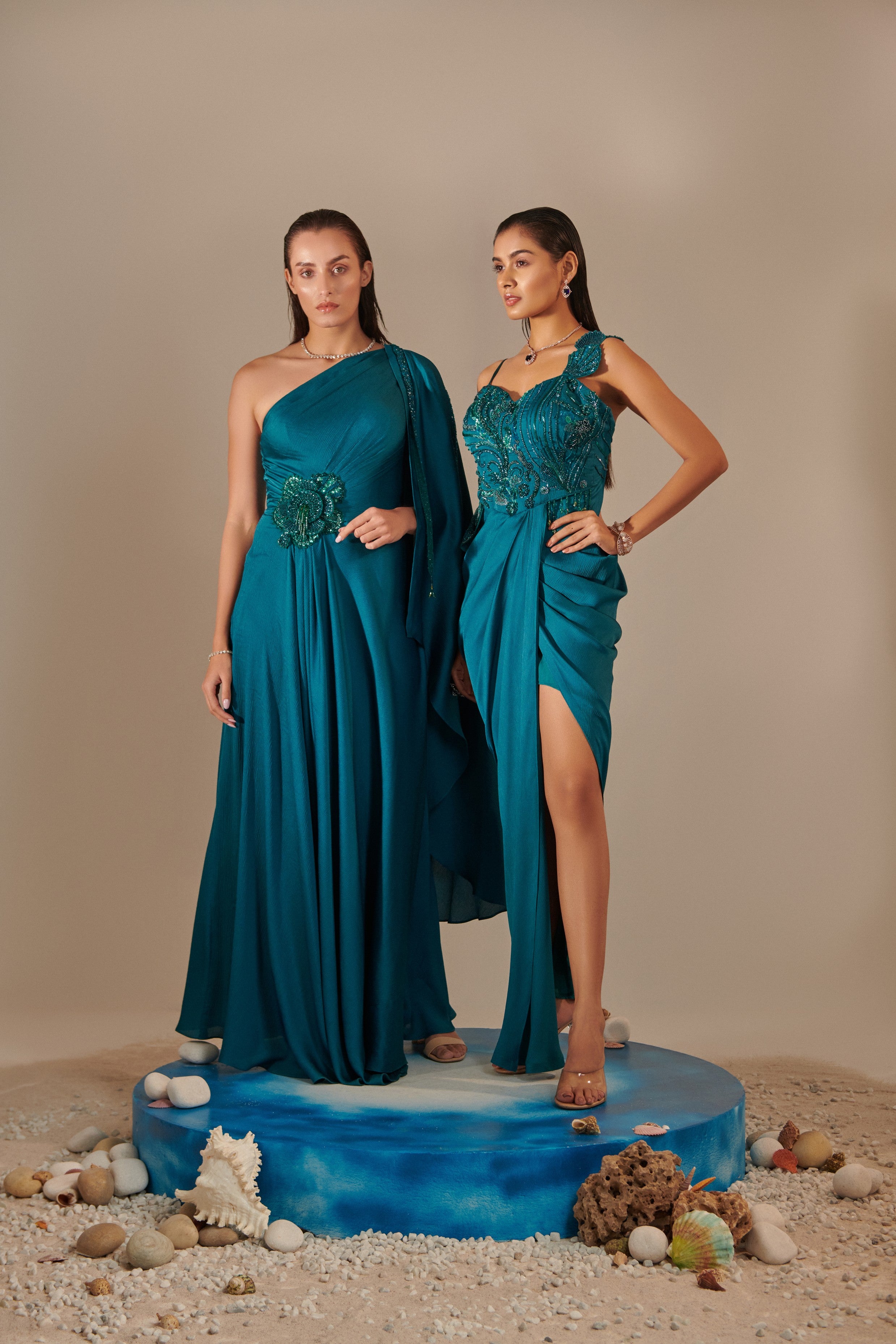 Teal drape gown ; hand embroidered; french knot detailing