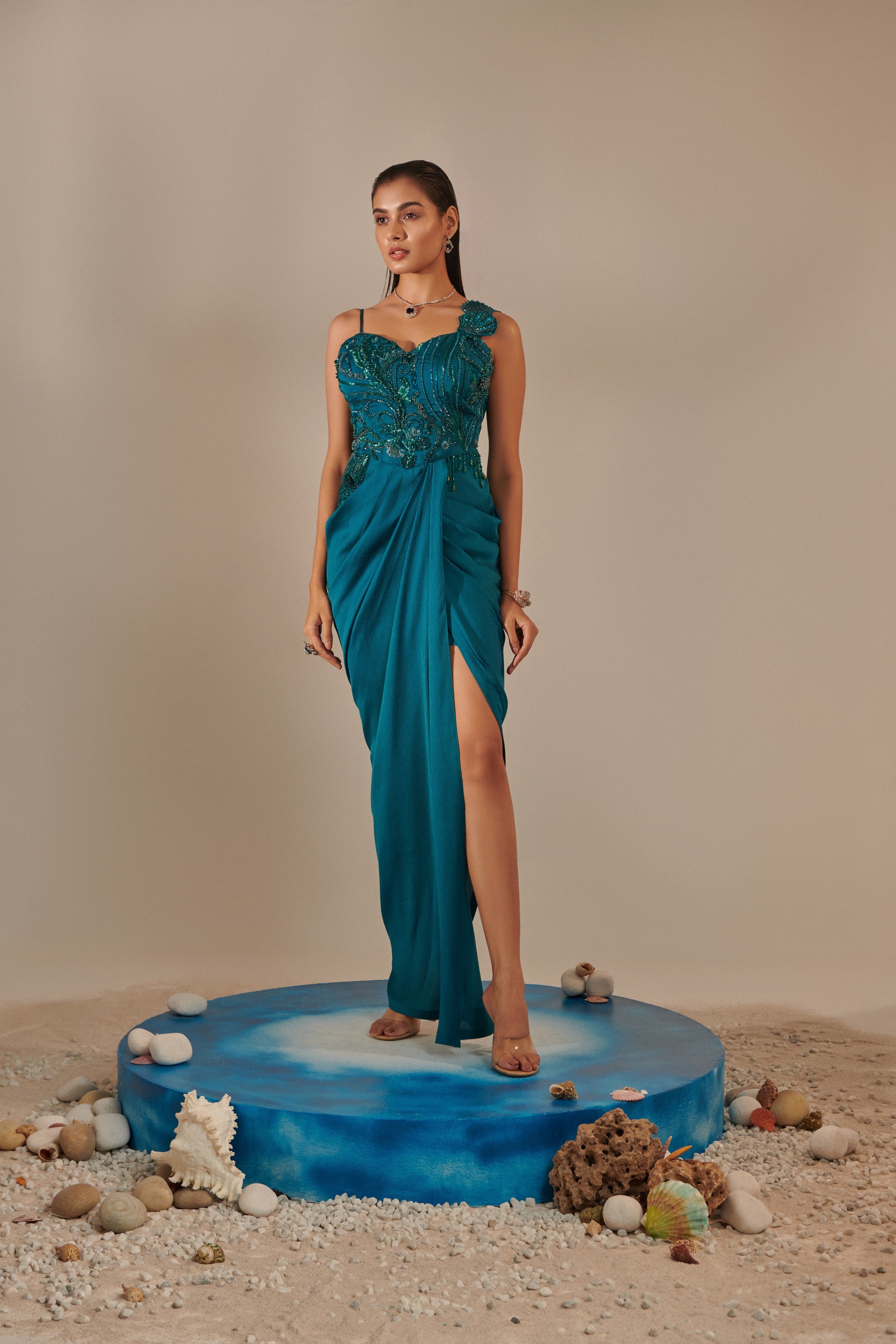 Teal drape gown ; hand embroidered; french knot detailing