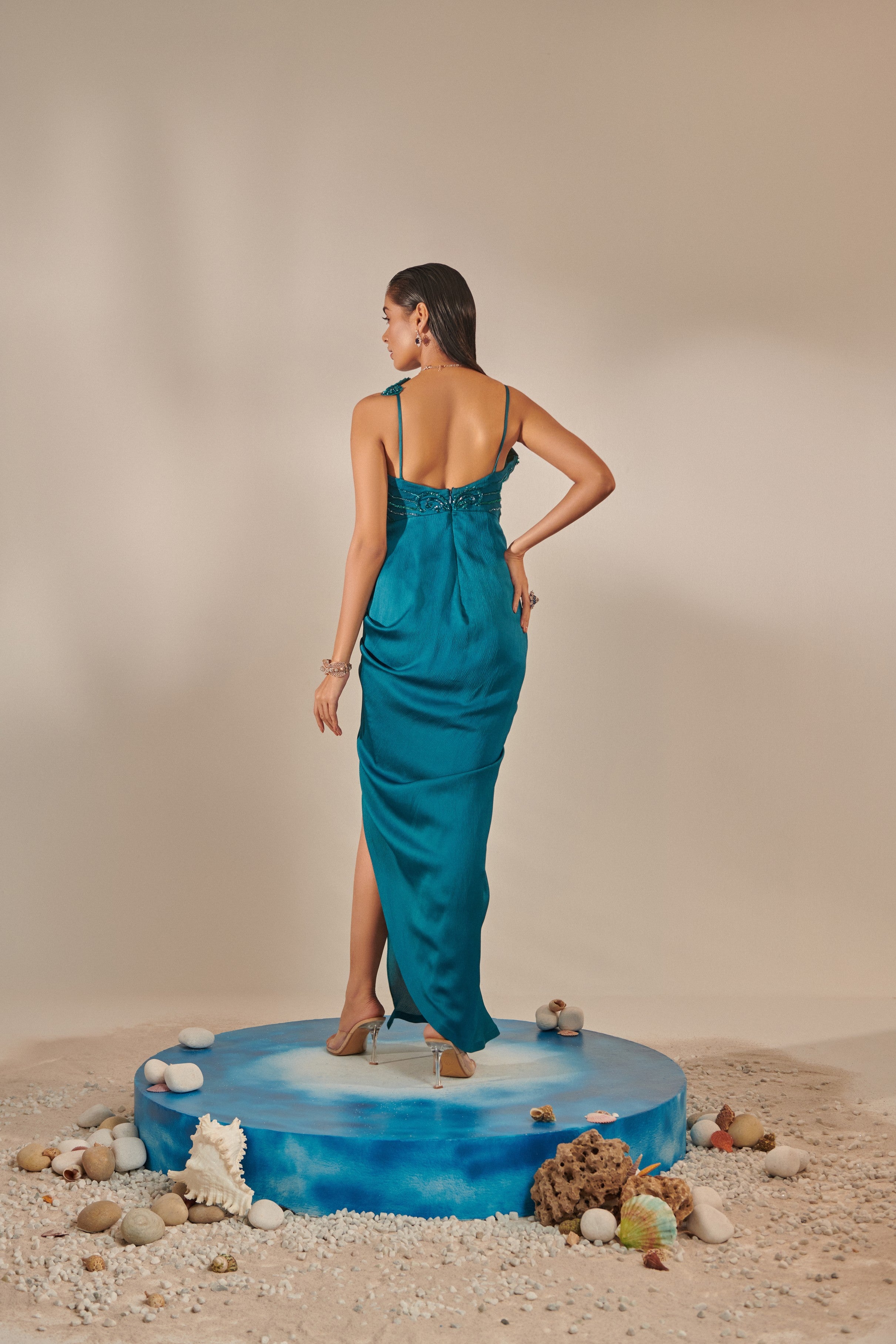 Teal drape gown ; hand embroidered; french knot detailing