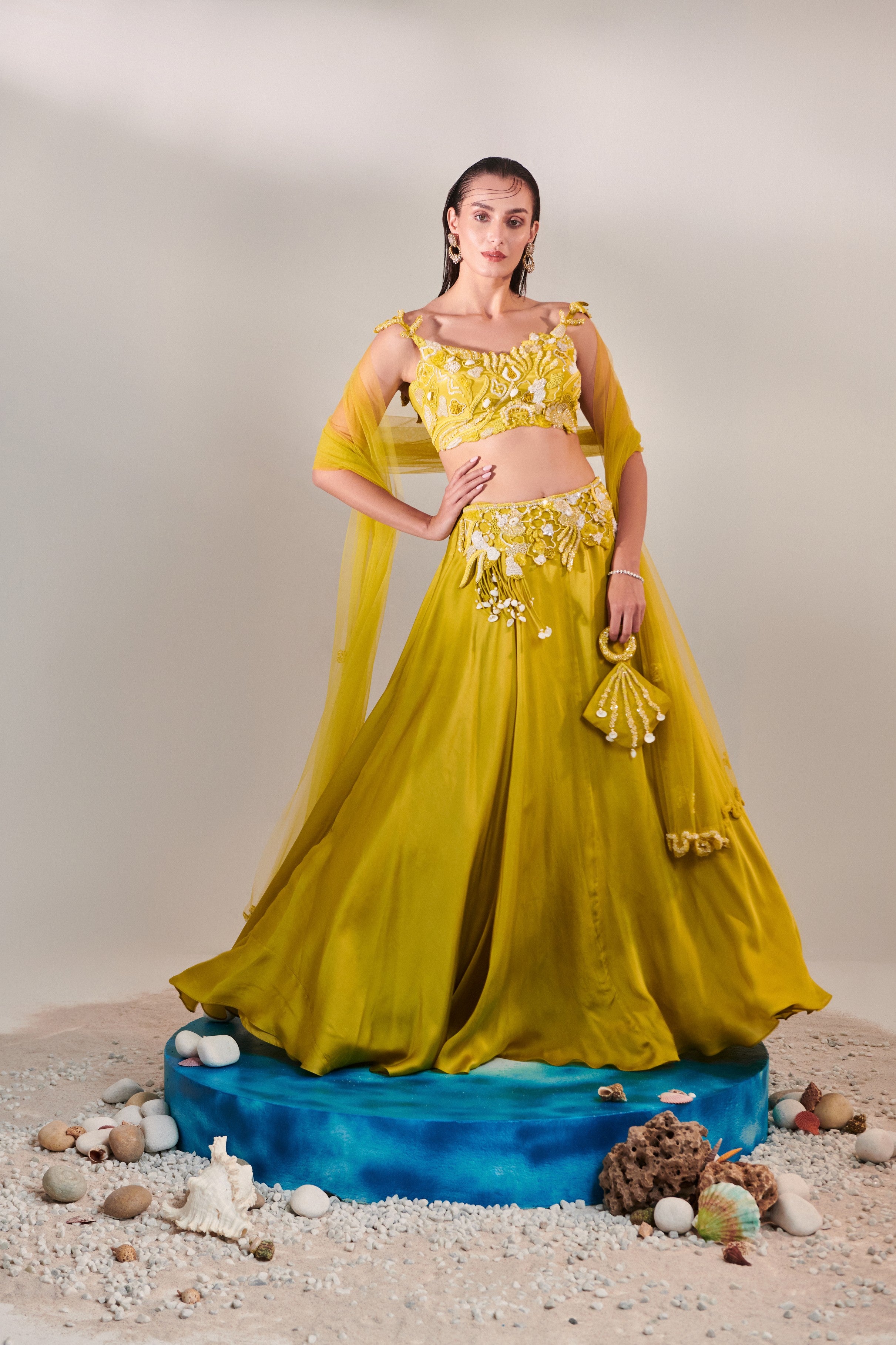 Off shoulder cutwork blouse lehenga Set